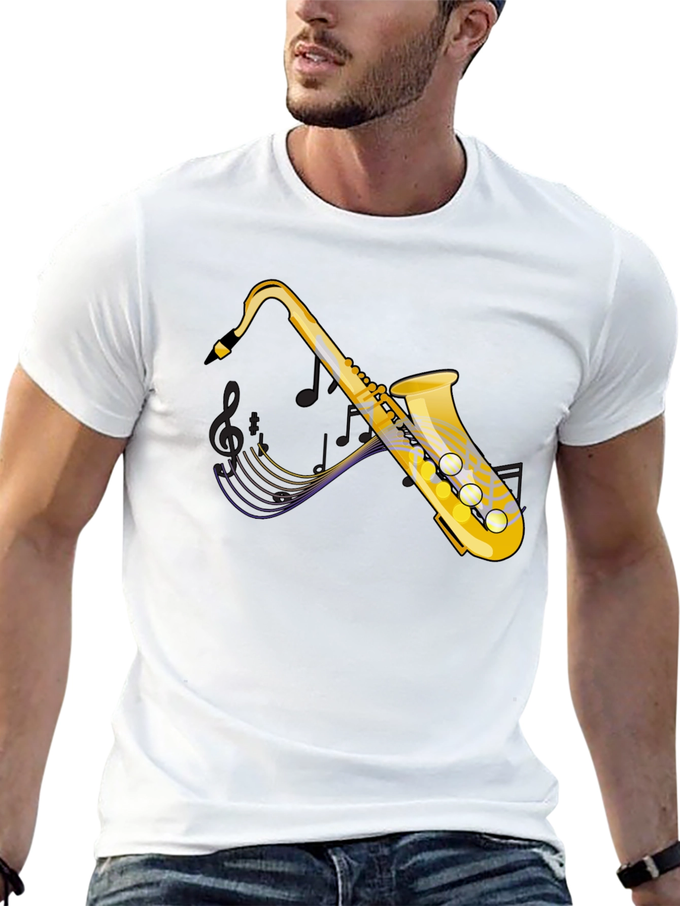 Saxophone Graphic Tee - Black Cotton Casual T-Shirt