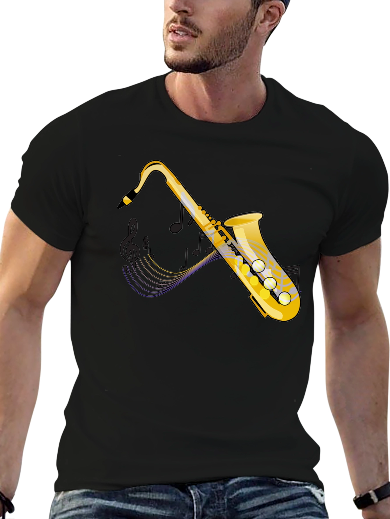 Saxophone Graphic Tee - Black Cotton Casual T-Shirt