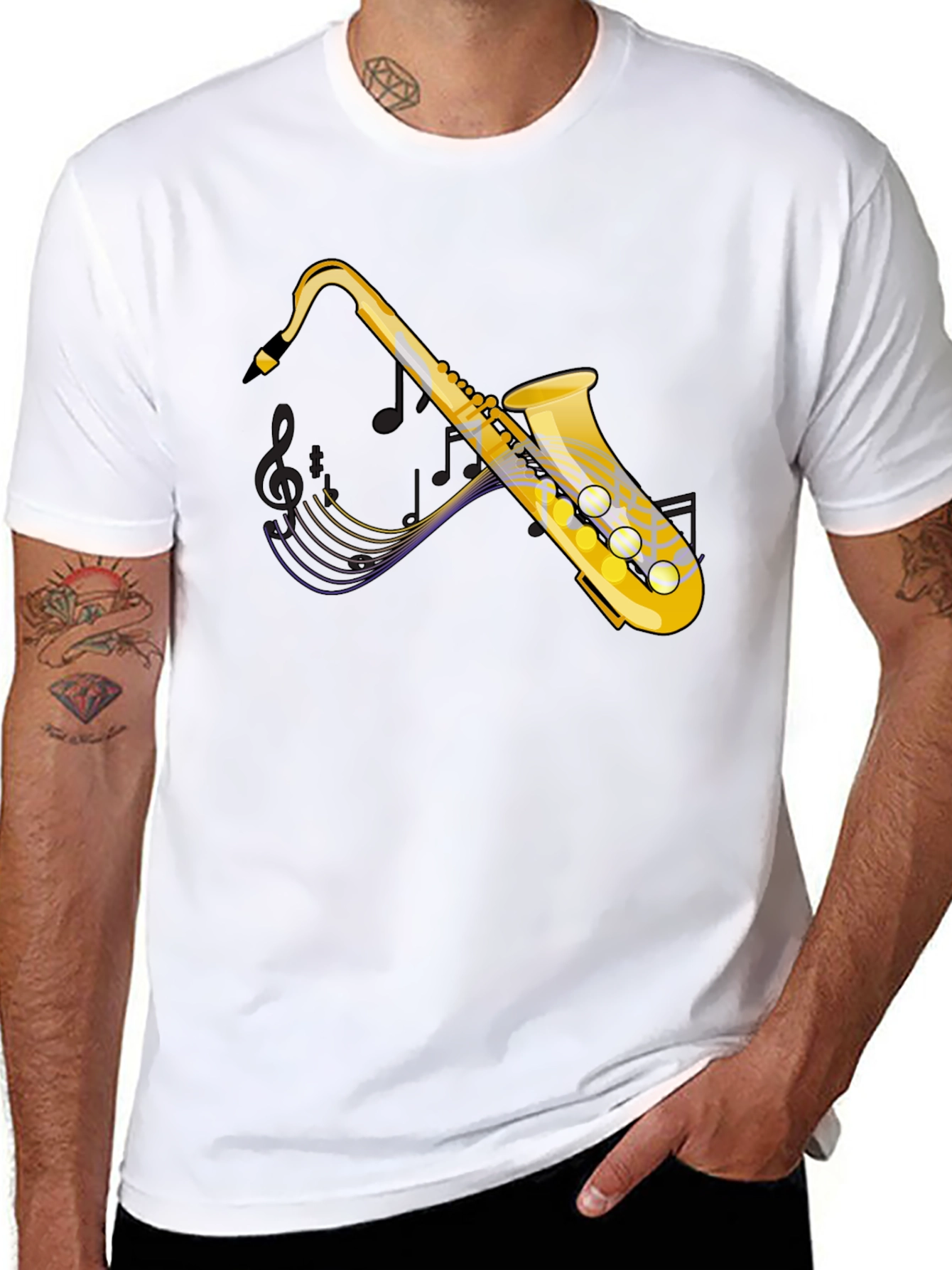 Saxophone Graphic Tee - Black Cotton Casual T-Shirt