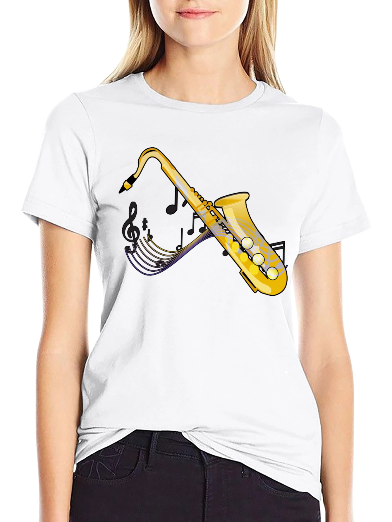Saxophone Graphic Tee - Black Cotton Casual T-Shirt
