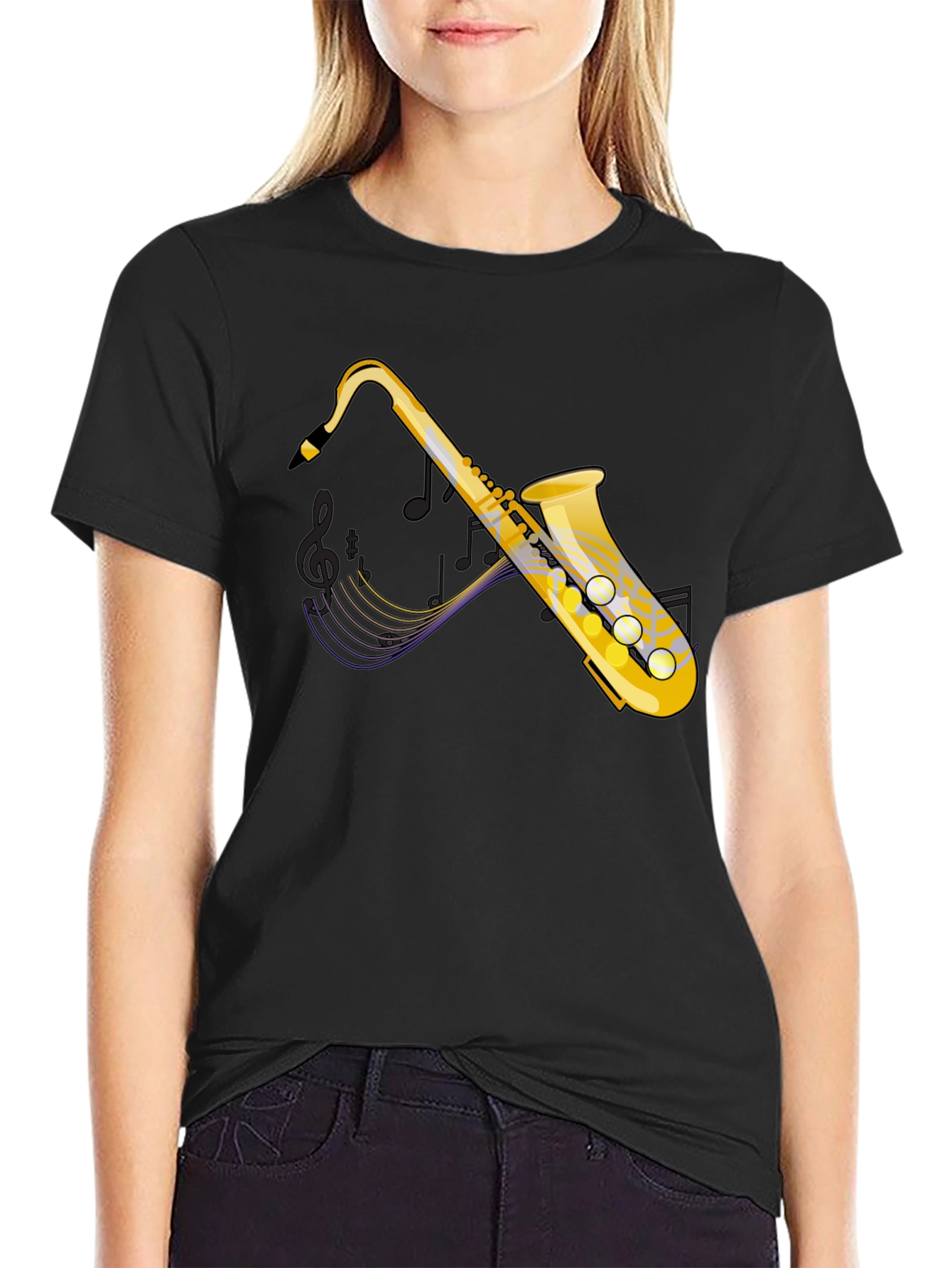 Saxophone Graphic Tee - Black Cotton Casual T-Shirt