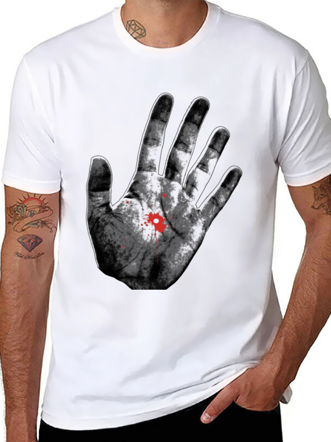 Bloody Hand Print Graphic Tee - Black Cotton T-Shirt