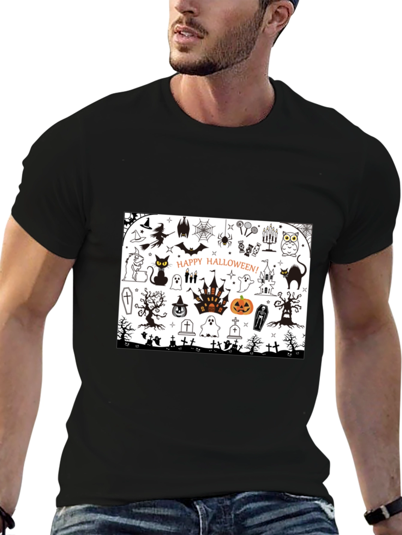 Halloween Doodle Art Mens Black T-Shirt