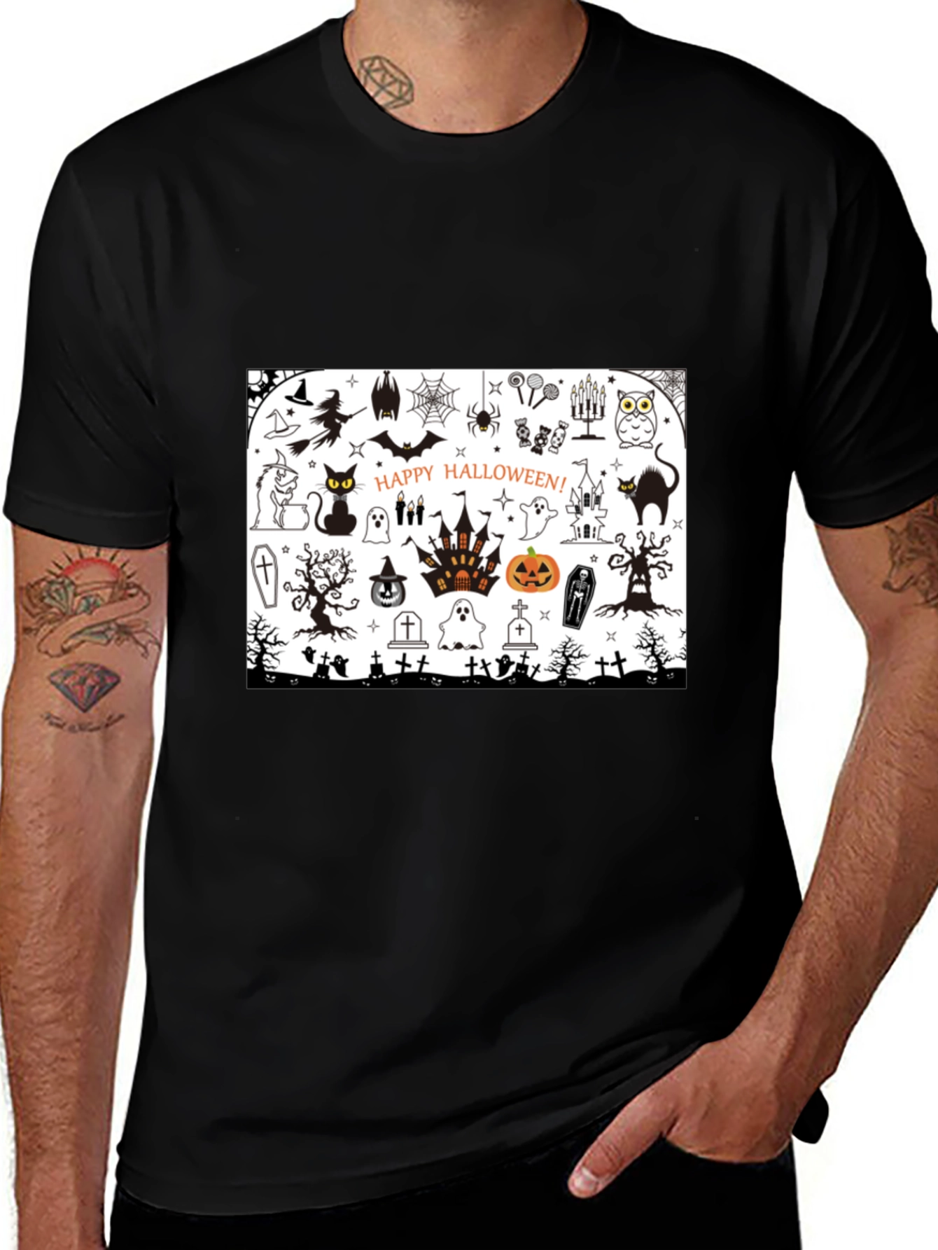 Halloween Doodle Art Mens Black T-Shirt