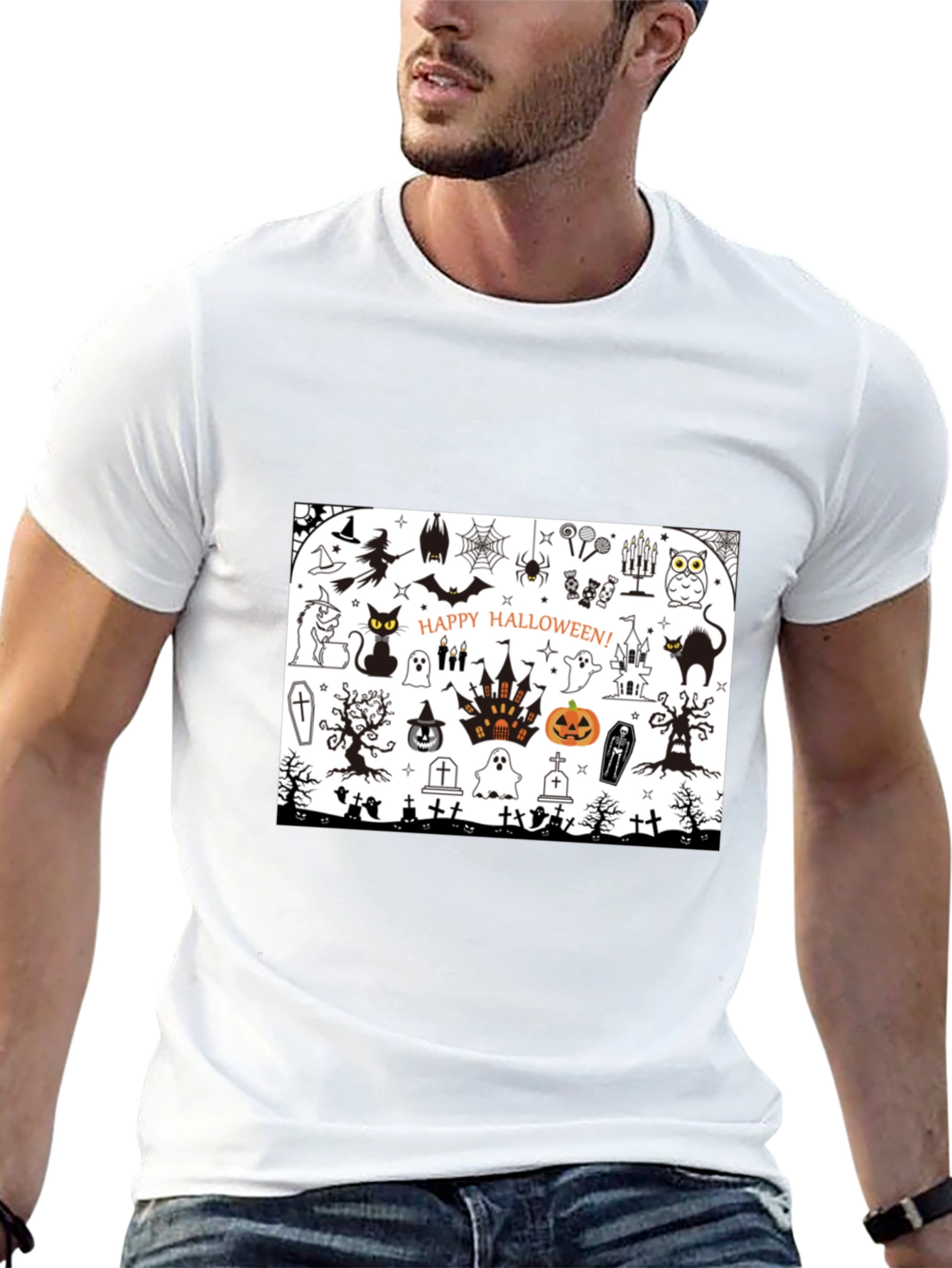Halloween Doodle Art Mens Black T-Shirt
