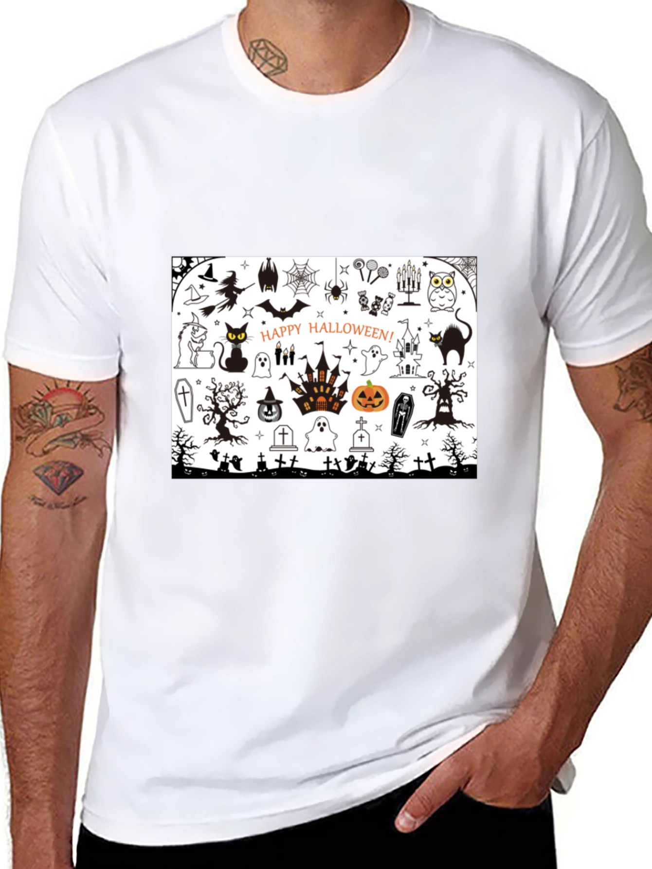 Halloween Doodle Art Mens Black T-Shirt