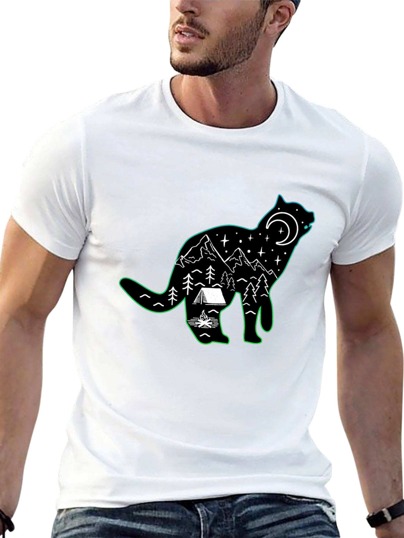 Cat Silhouette Camping Scene T-Shirt