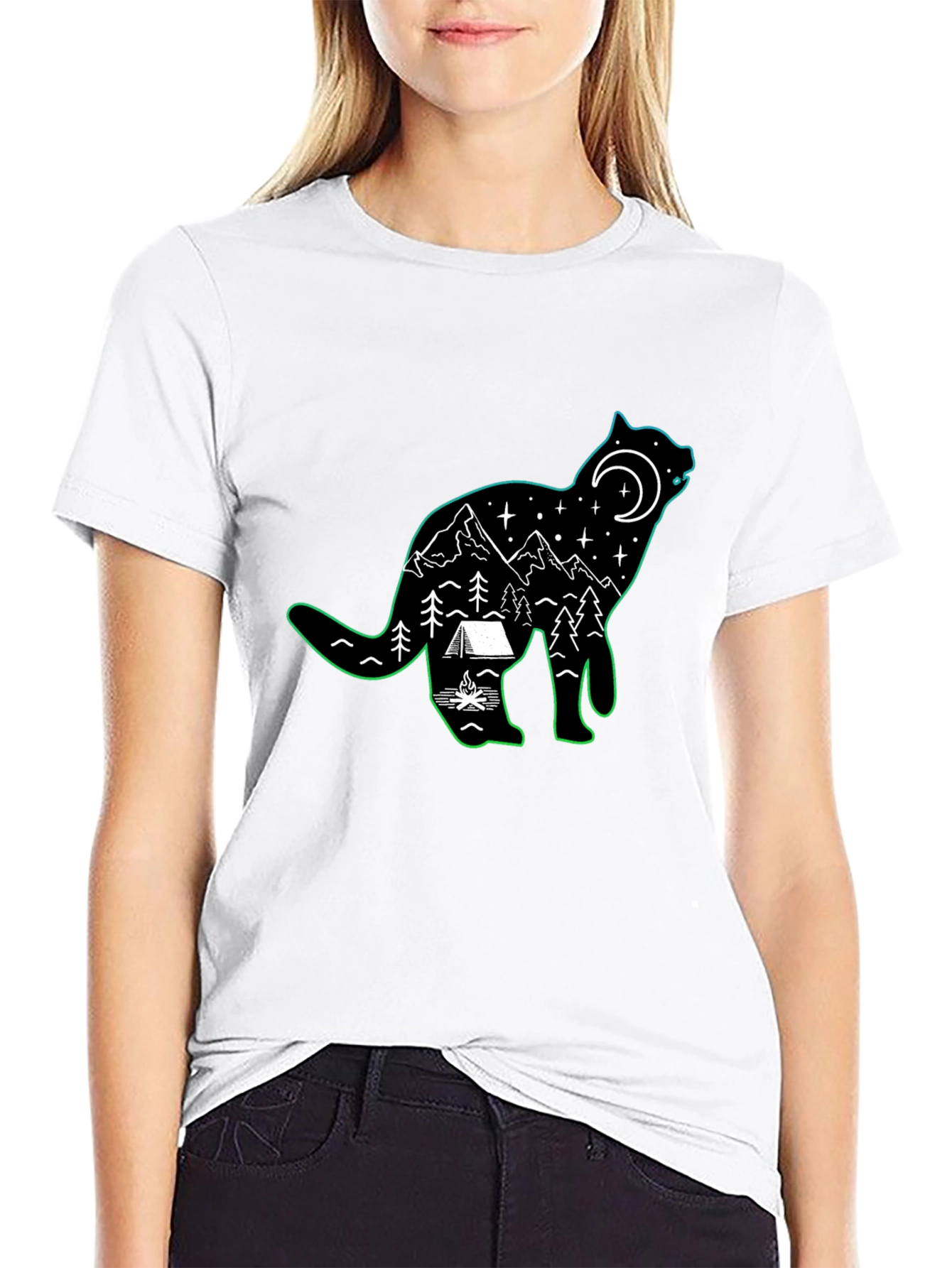 Cat Silhouette Camping Scene T-Shirt