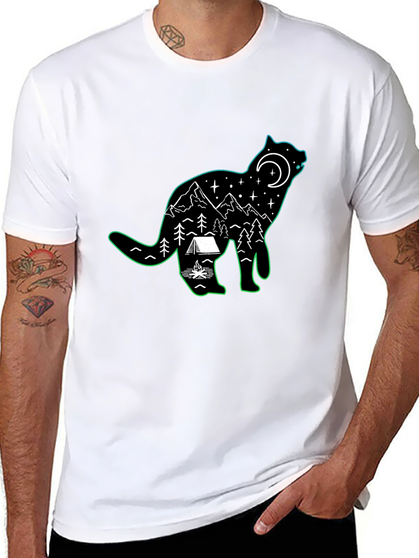 Cat Silhouette Camping Scene T-Shirt