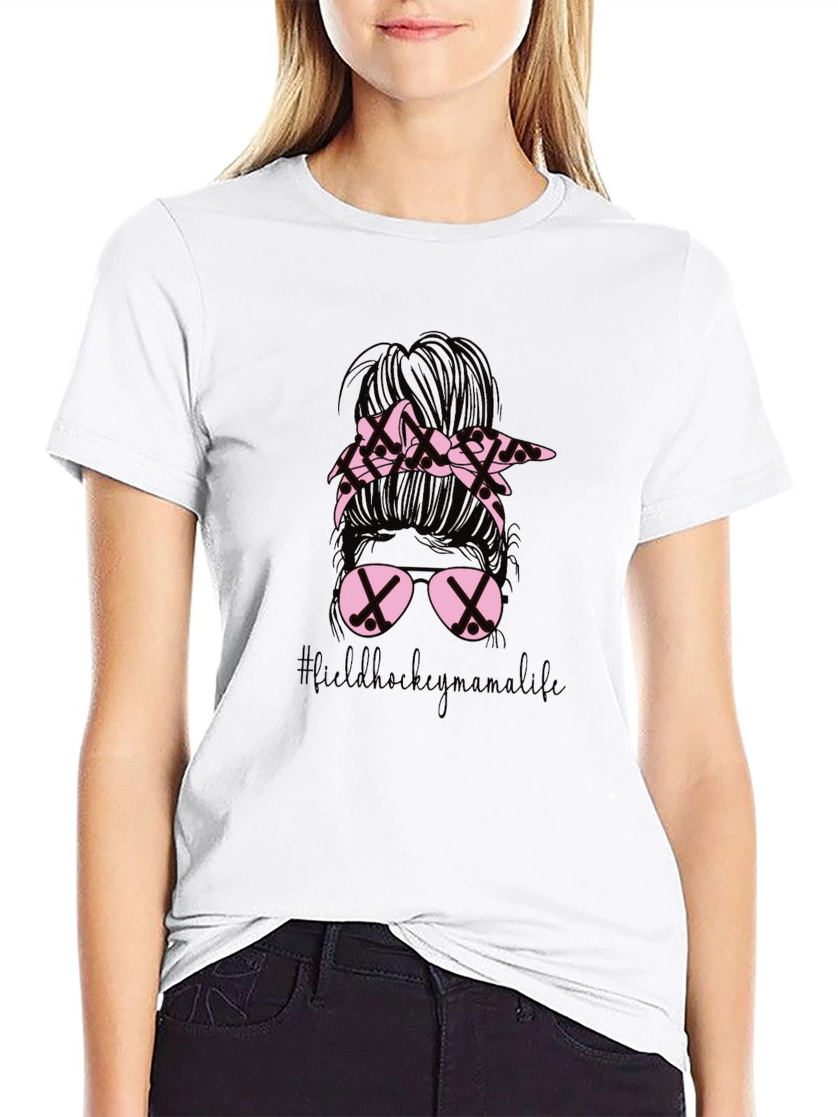 Field Hockey Mama Life T-Shirt - Messy Bun Design