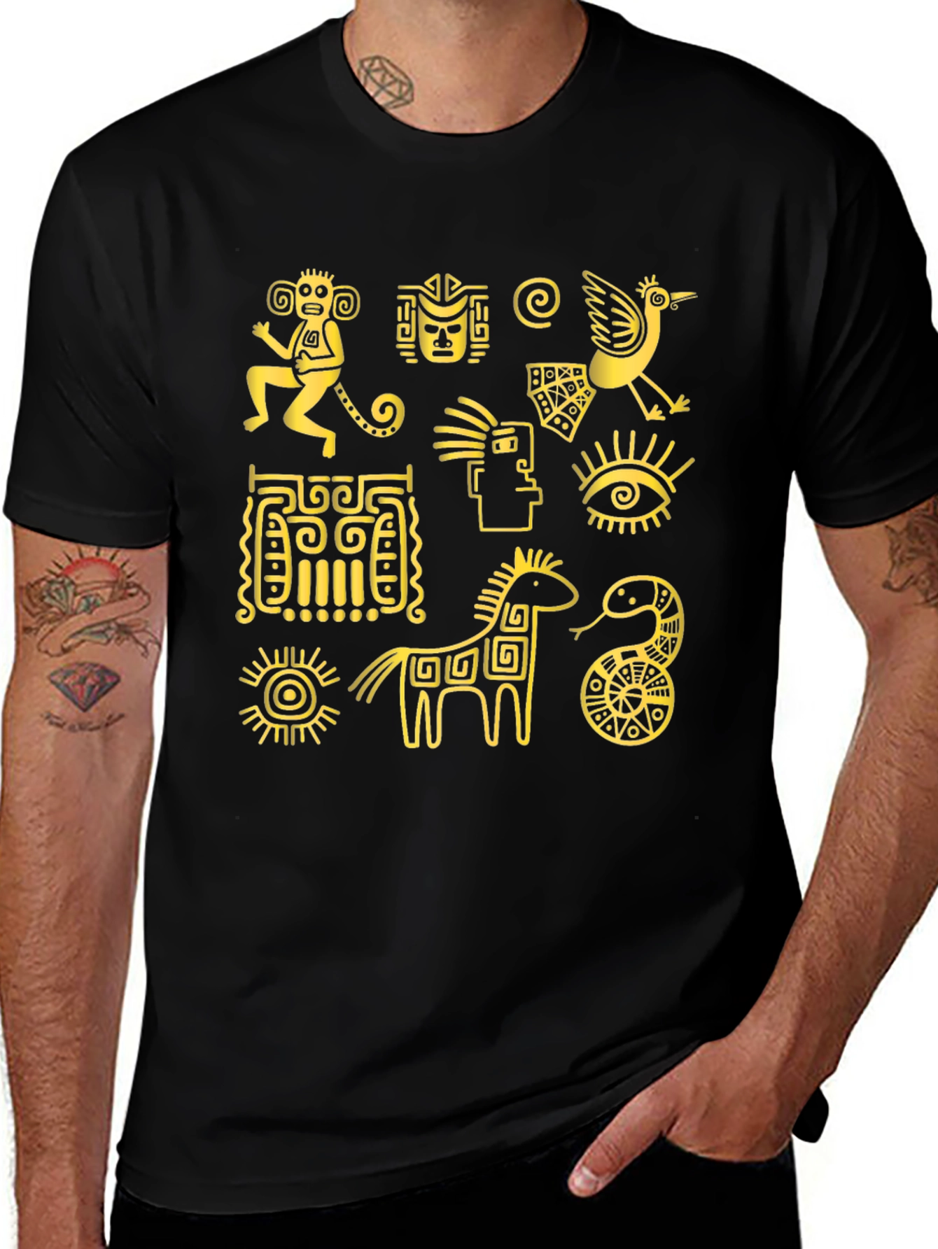 Aztec Art Graphic Tee - Black Cotton T-Shirt