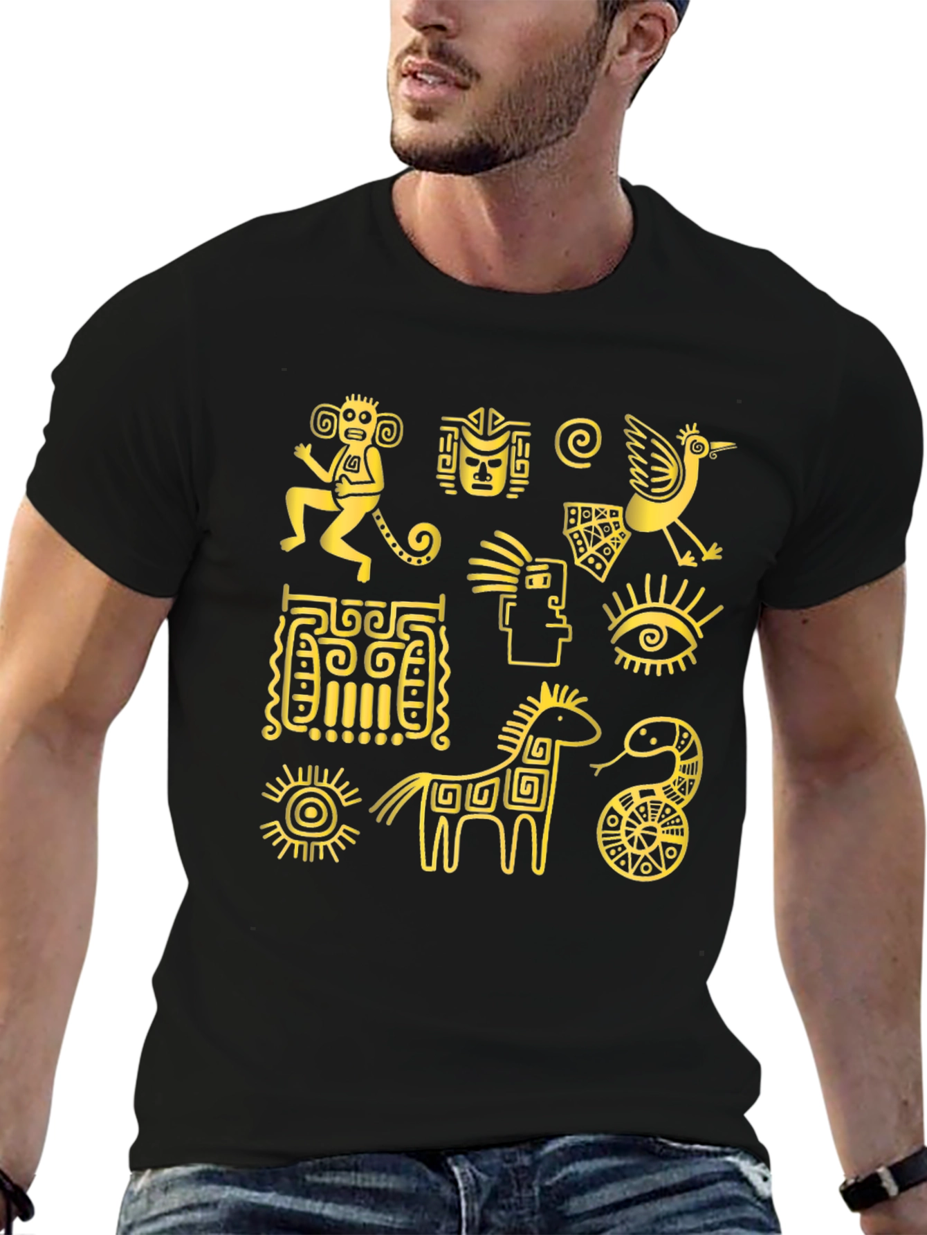 Aztec Art Graphic Tee - Black Cotton T-Shirt