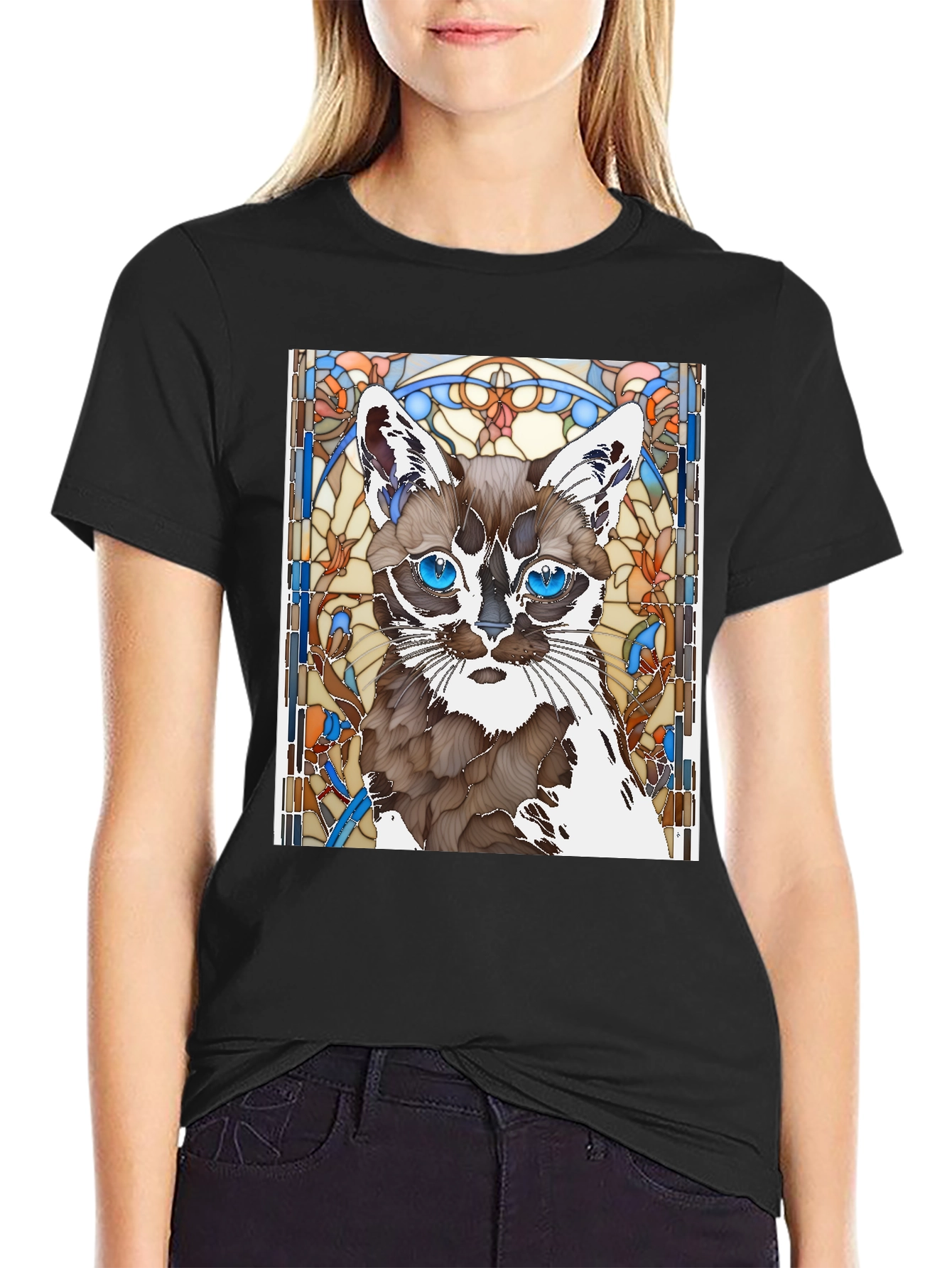Cat Stained Glass Art T-Shirt - Unique Design