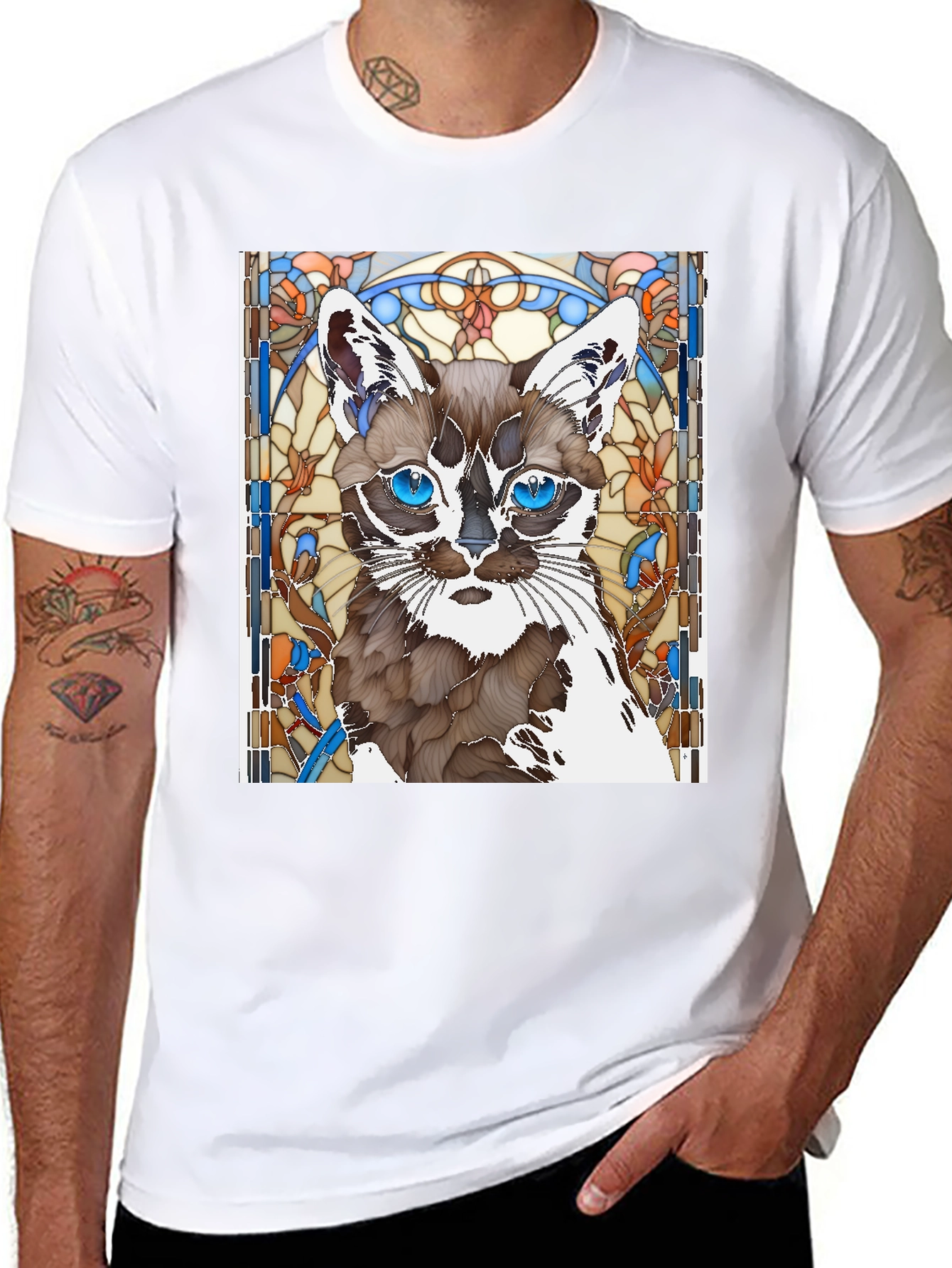 Cat Stained Glass Art T-Shirt - Unique Design