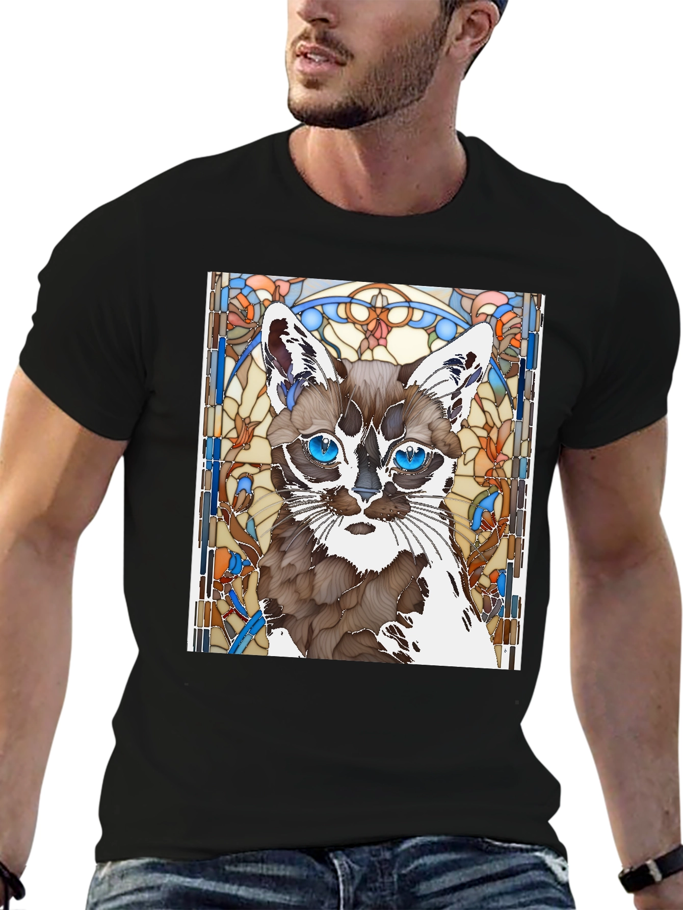 Cat Stained Glass Art T-Shirt - Unique Design