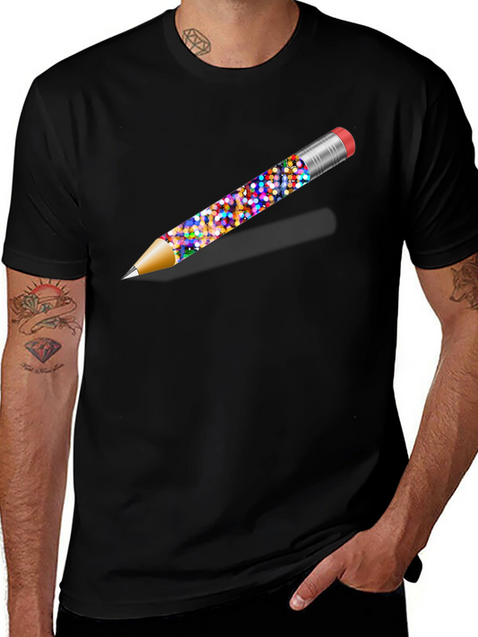 Colorful Pencil Graphic Tee - Black Cotton Shirt