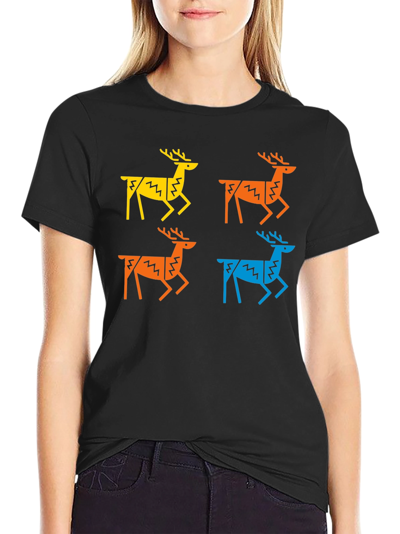 Geometric Deer Graphic Tee - Black Casual Shirt