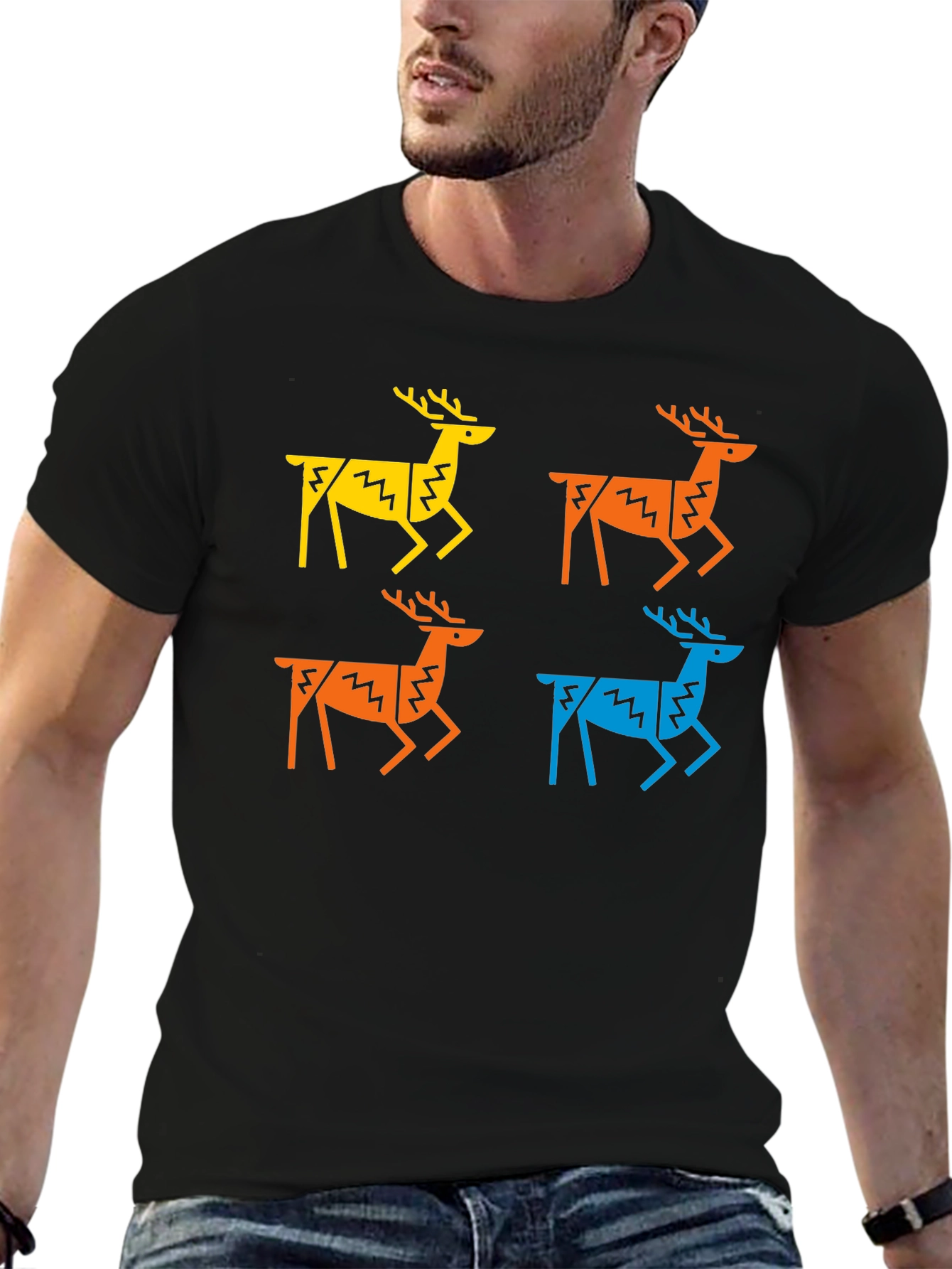 Geometric Deer Graphic Tee - Black Casual Shirt