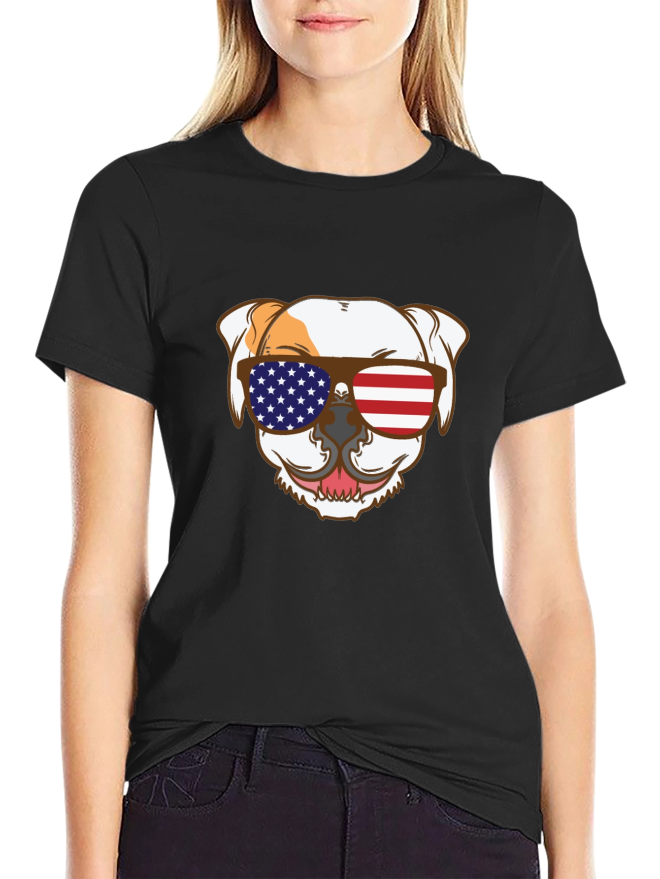 Patriotic Bulldog T-Shirt - USA Flag Sunglasses Tee