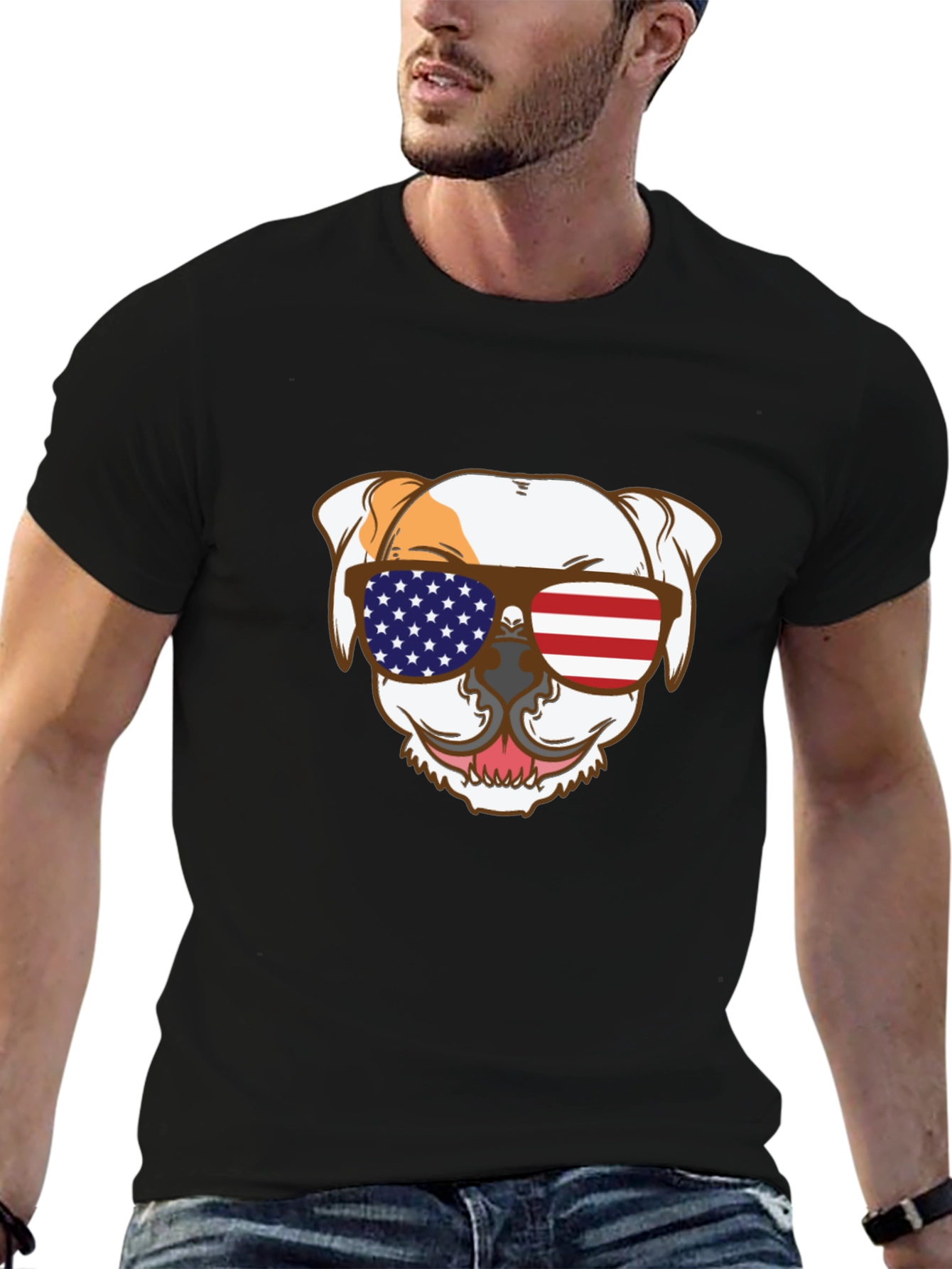 Patriotic Bulldog T-Shirt - USA Flag Sunglasses Tee