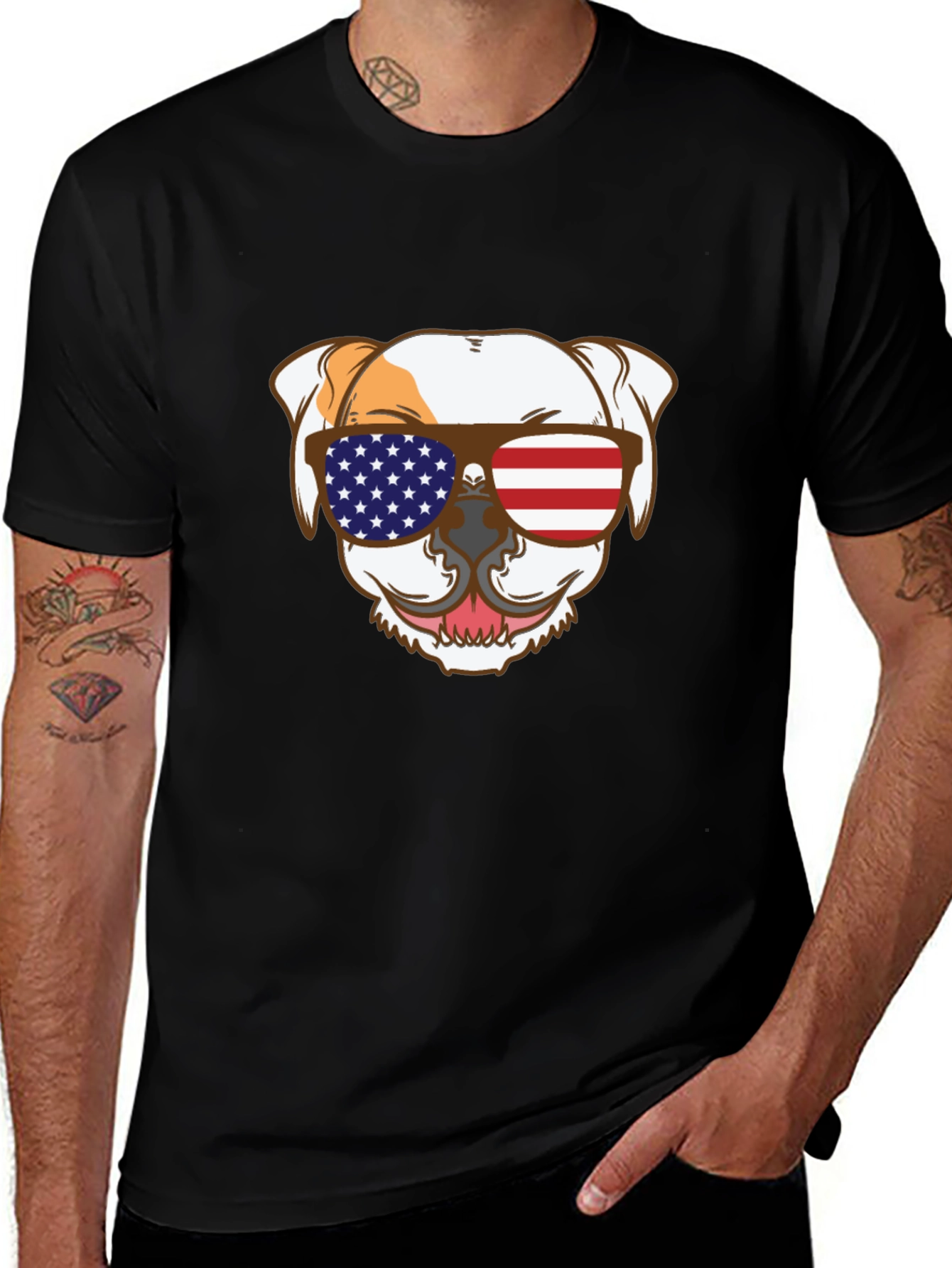 Patriotic Bulldog T-Shirt - USA Flag Sunglasses Tee
