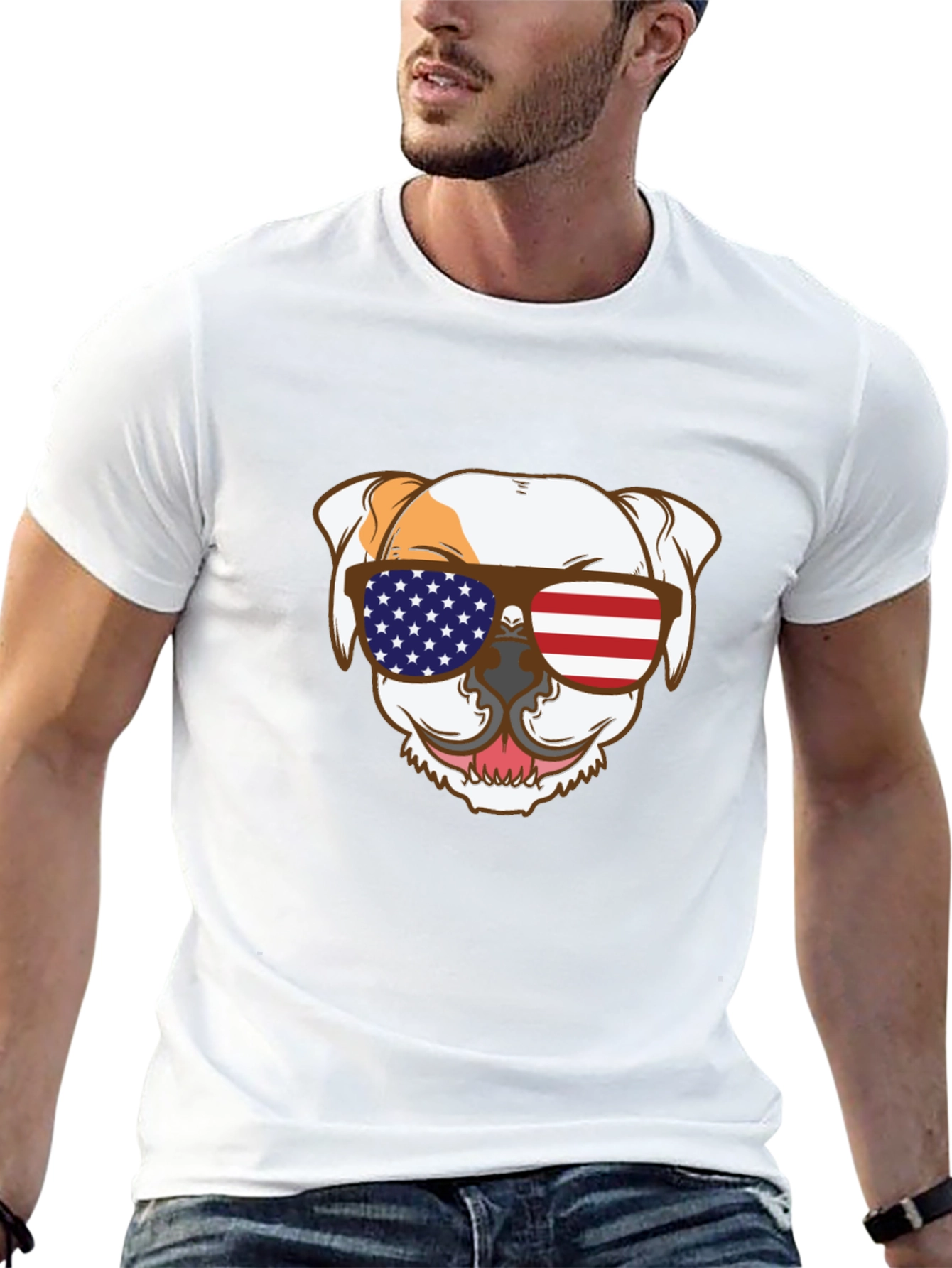 Patriotic Bulldog T-Shirt - USA Flag Sunglasses Tee