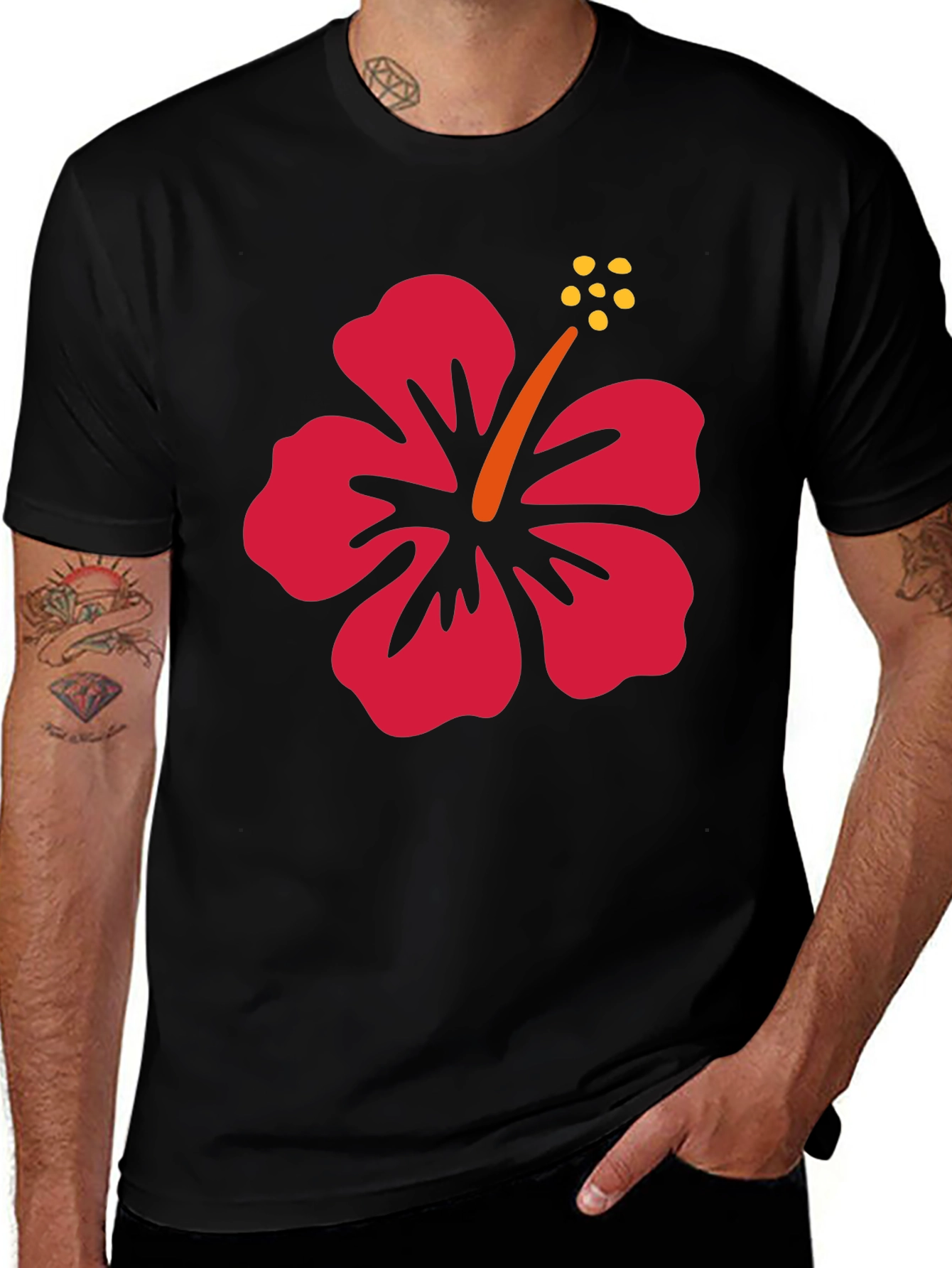 Hibiscus Flower Graphic Tee - Black Casual Shirt