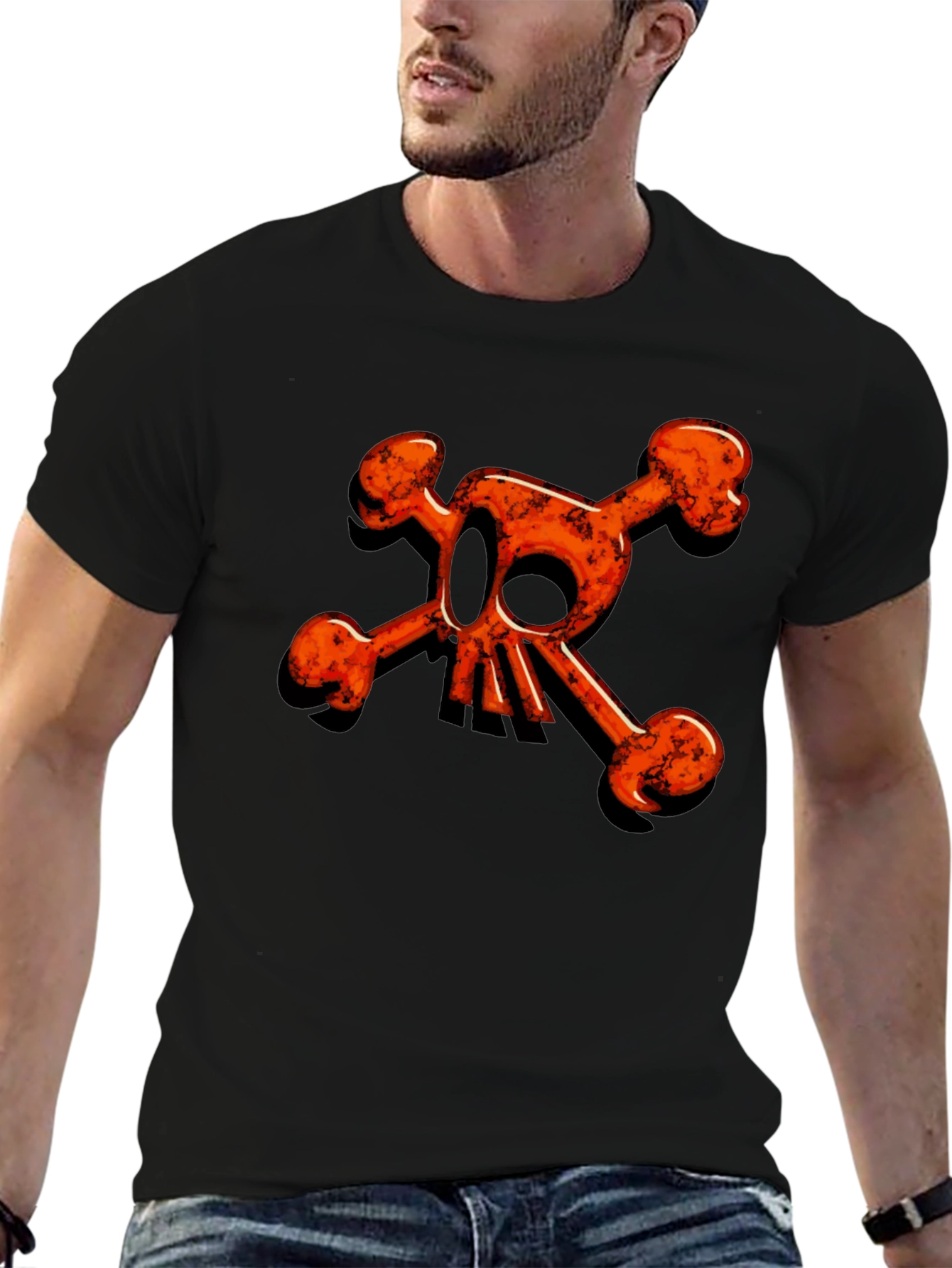 Edgy Orange Skull & Crossbones Graphic Black Tee