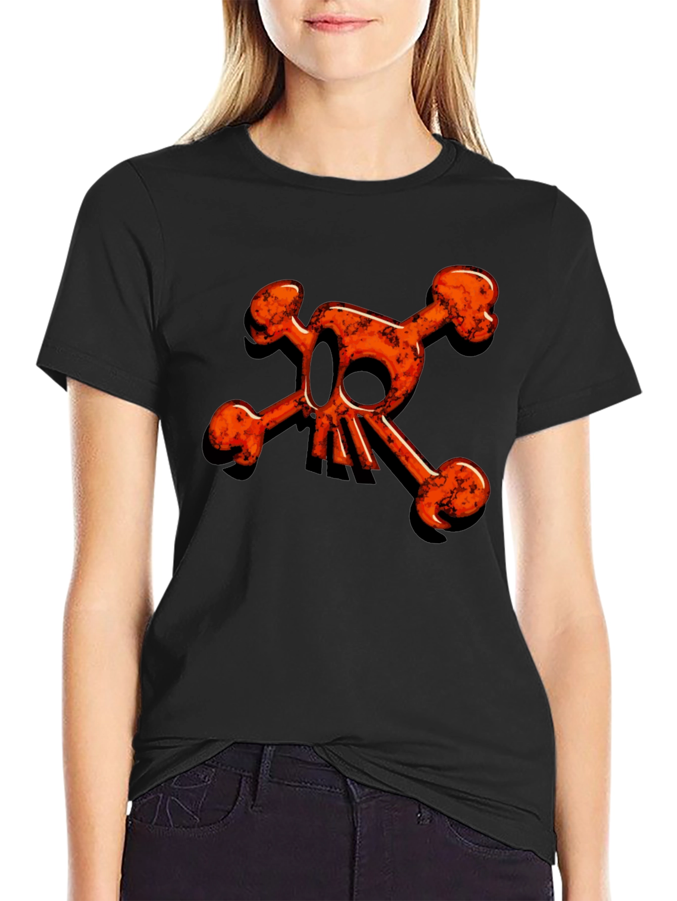 Edgy Orange Skull & Crossbones Graphic Black Tee
