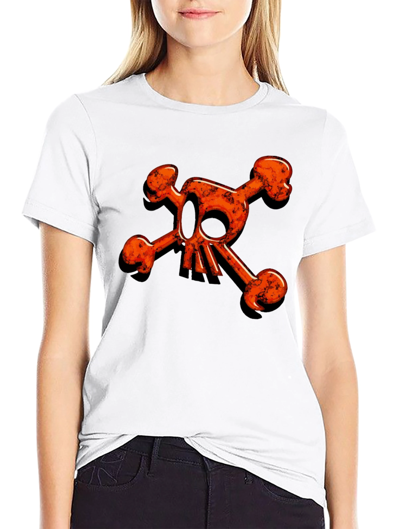 Edgy Orange Skull & Crossbones Graphic Black Tee