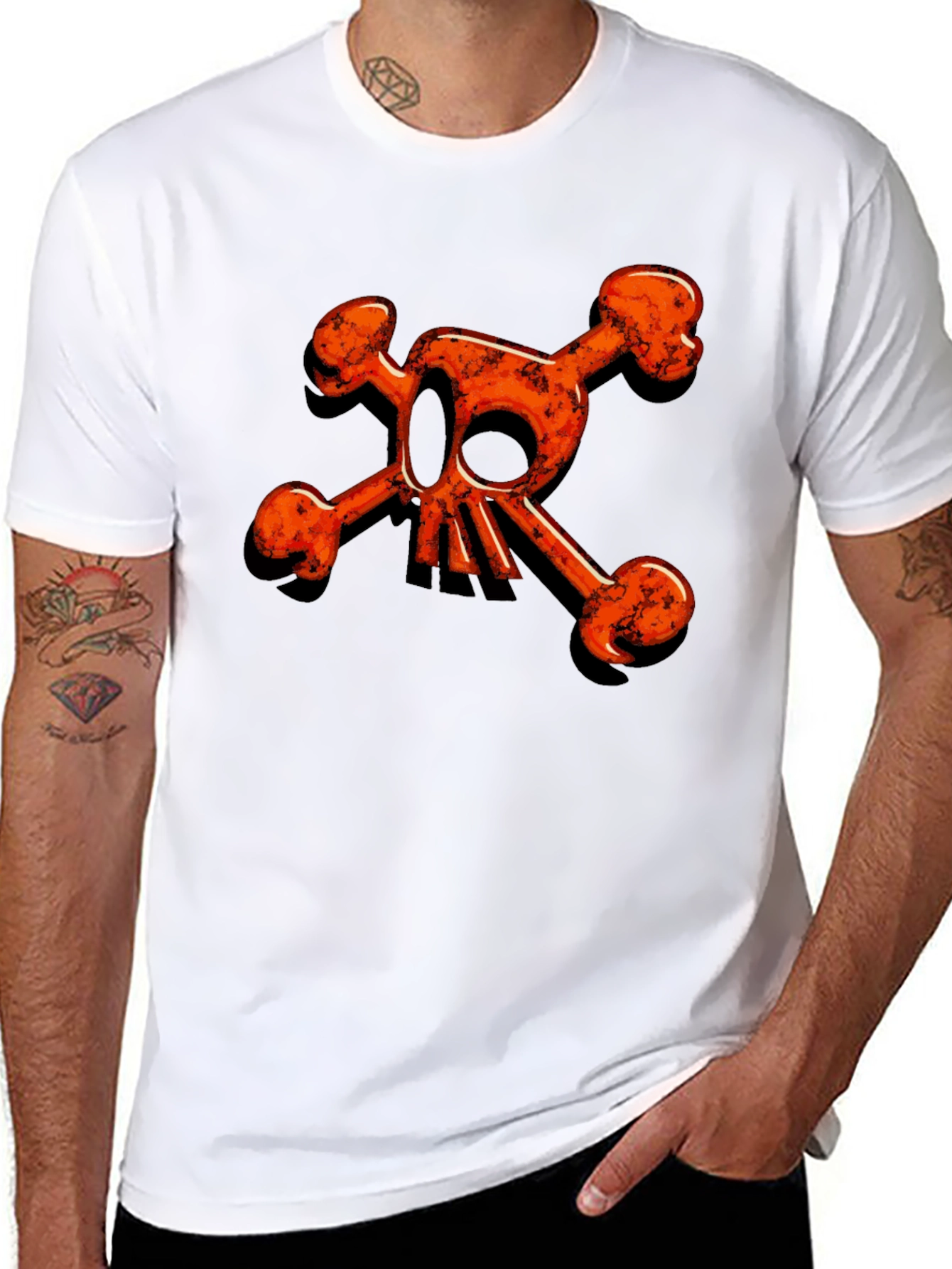 Edgy Orange Skull & Crossbones Graphic Black Tee