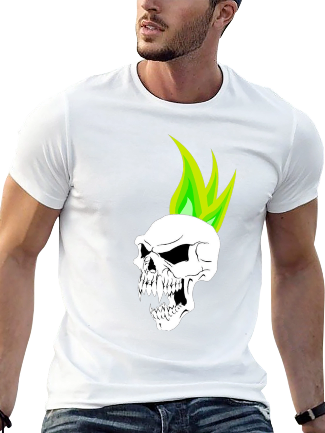 Skull with Green Flame T-Shirt - Graphic Tee
