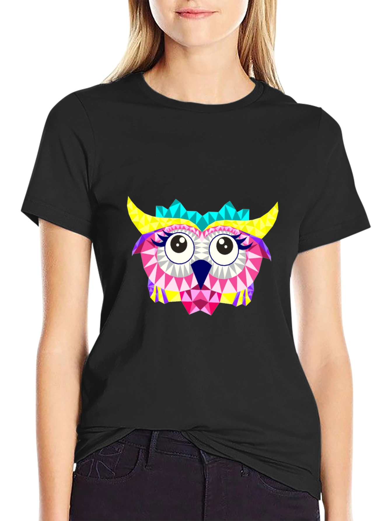 Geometric Owl Graphic Black T-Shirt