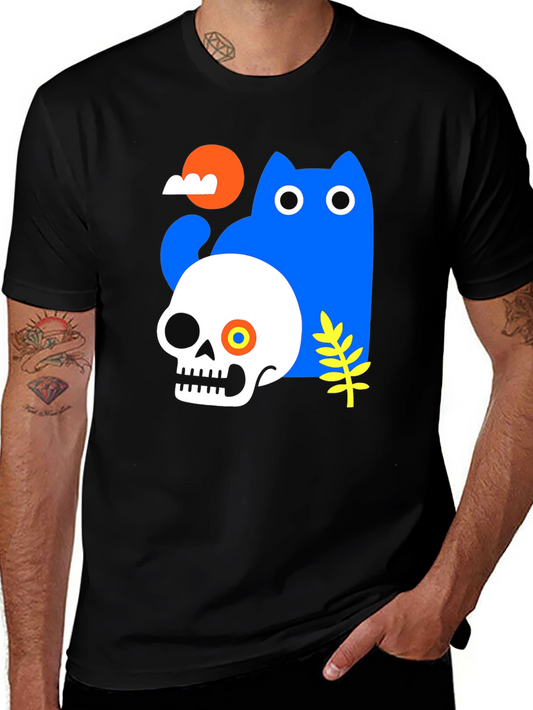 Skull & Cat Graphic Tee - Unique Print T-Shirt