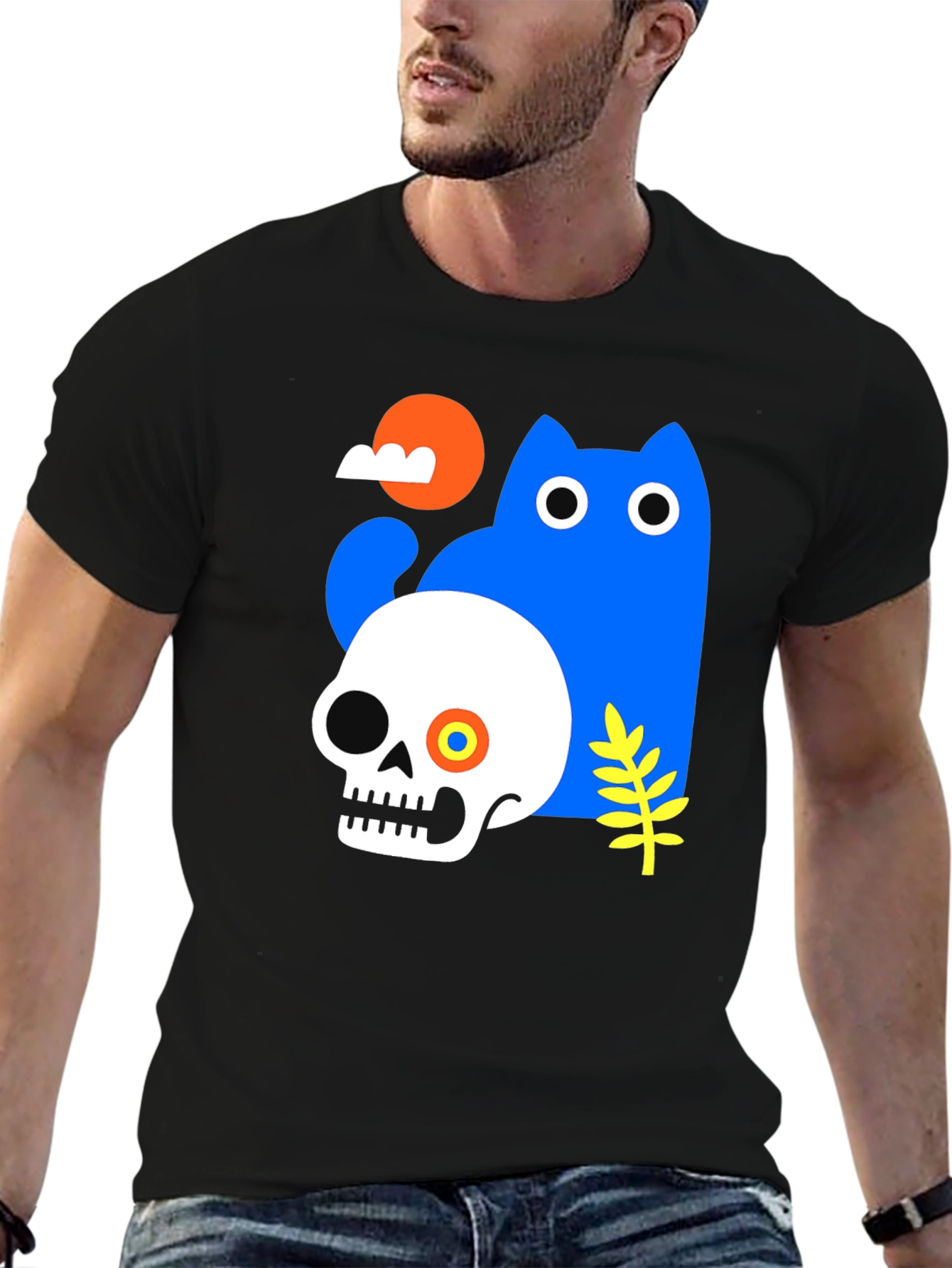 Skull & Cat Graphic Tee - Unique Print T-Shirt