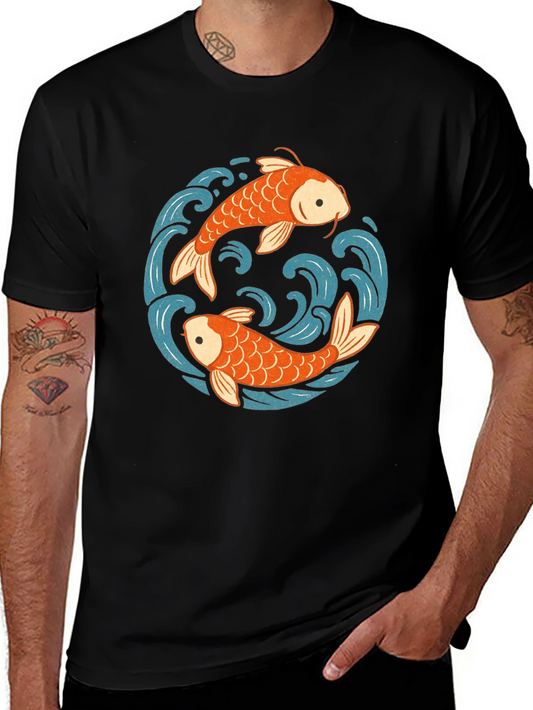 Koi Fish Yin Yang Graphic Tee - Black Cotton Comfort