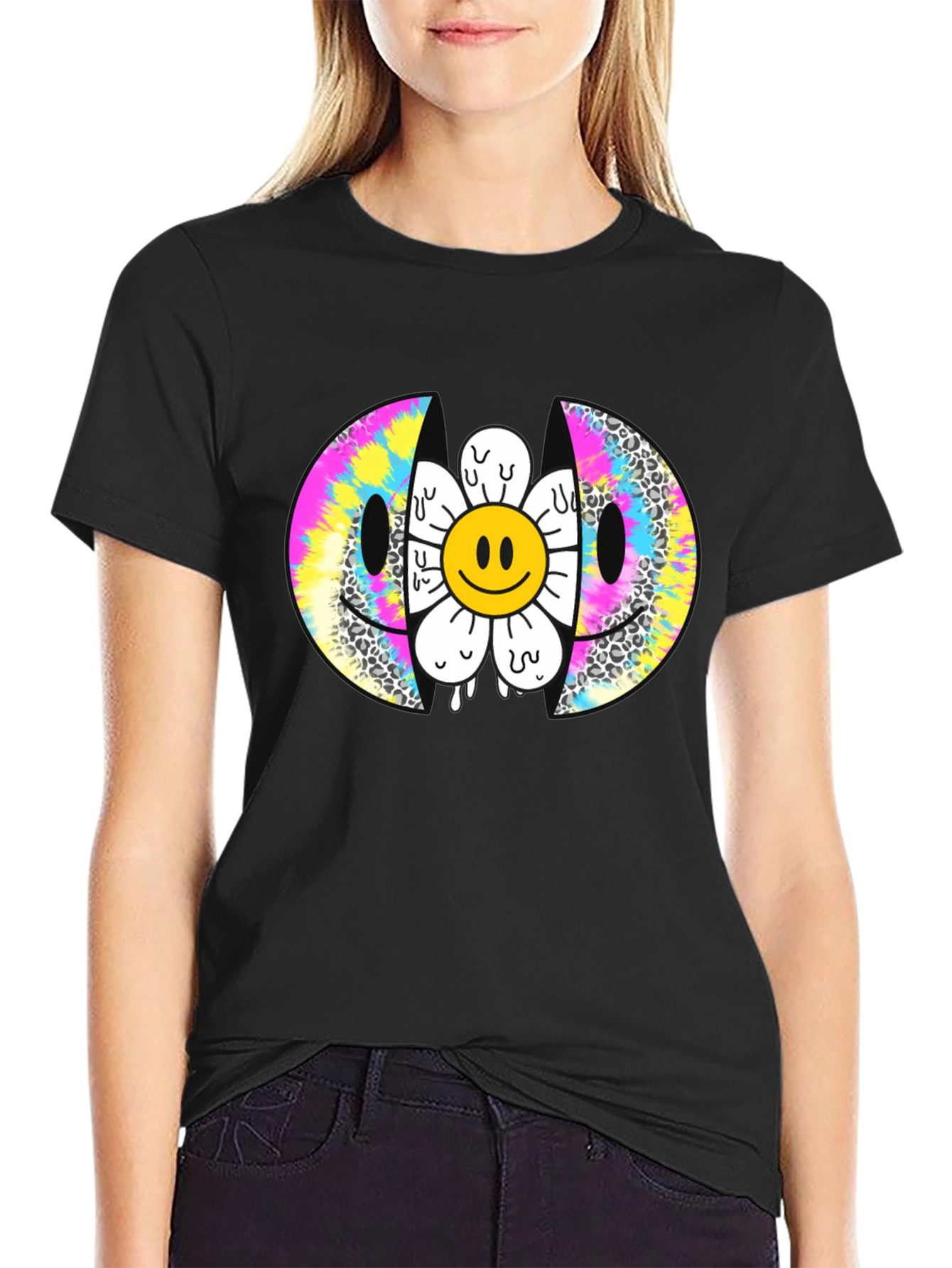 Smiley Face Flower Graphic Tee - Trendy Style