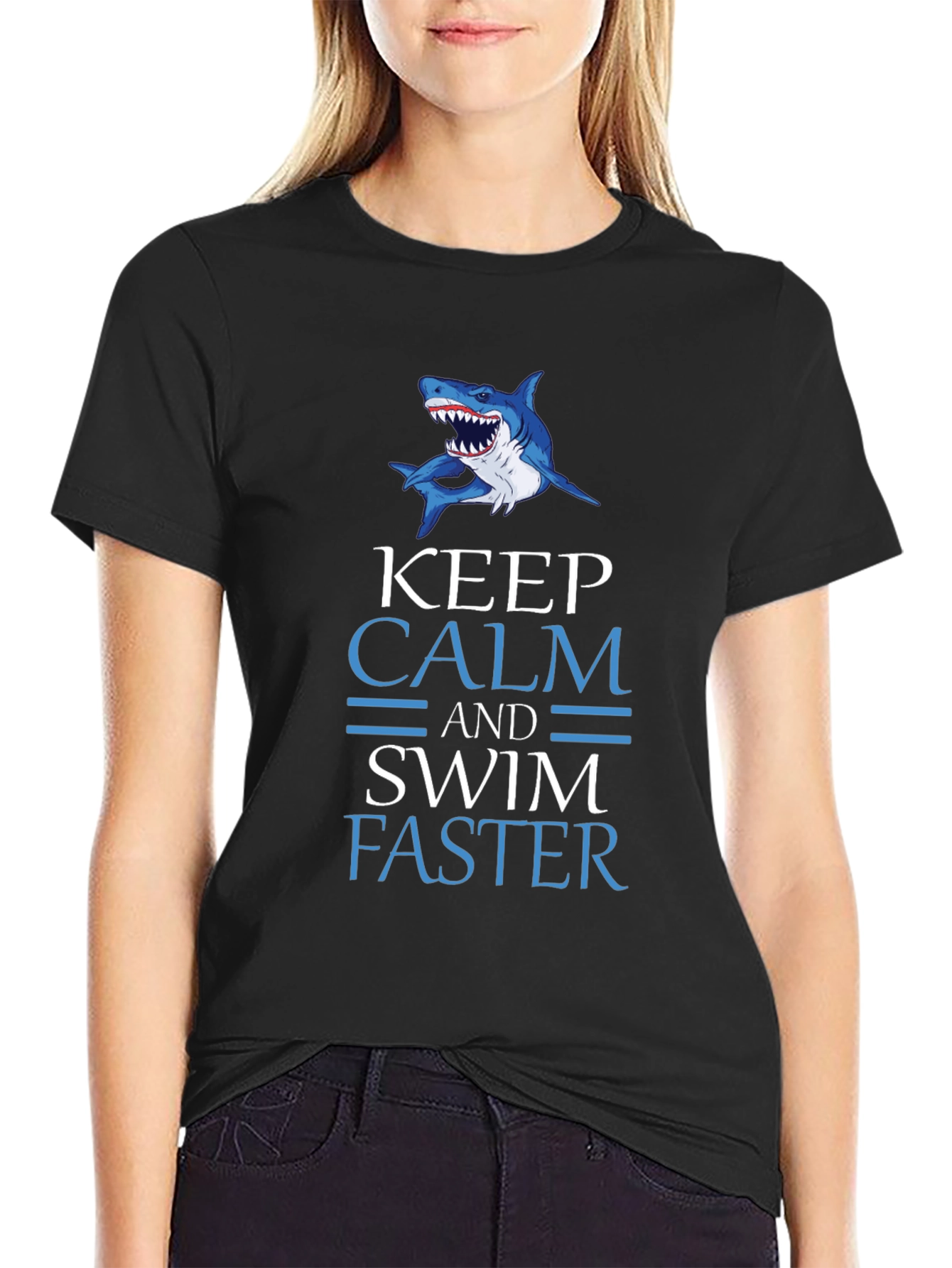 Keep Calm Swim Faster Shark Graphic T-Shirt