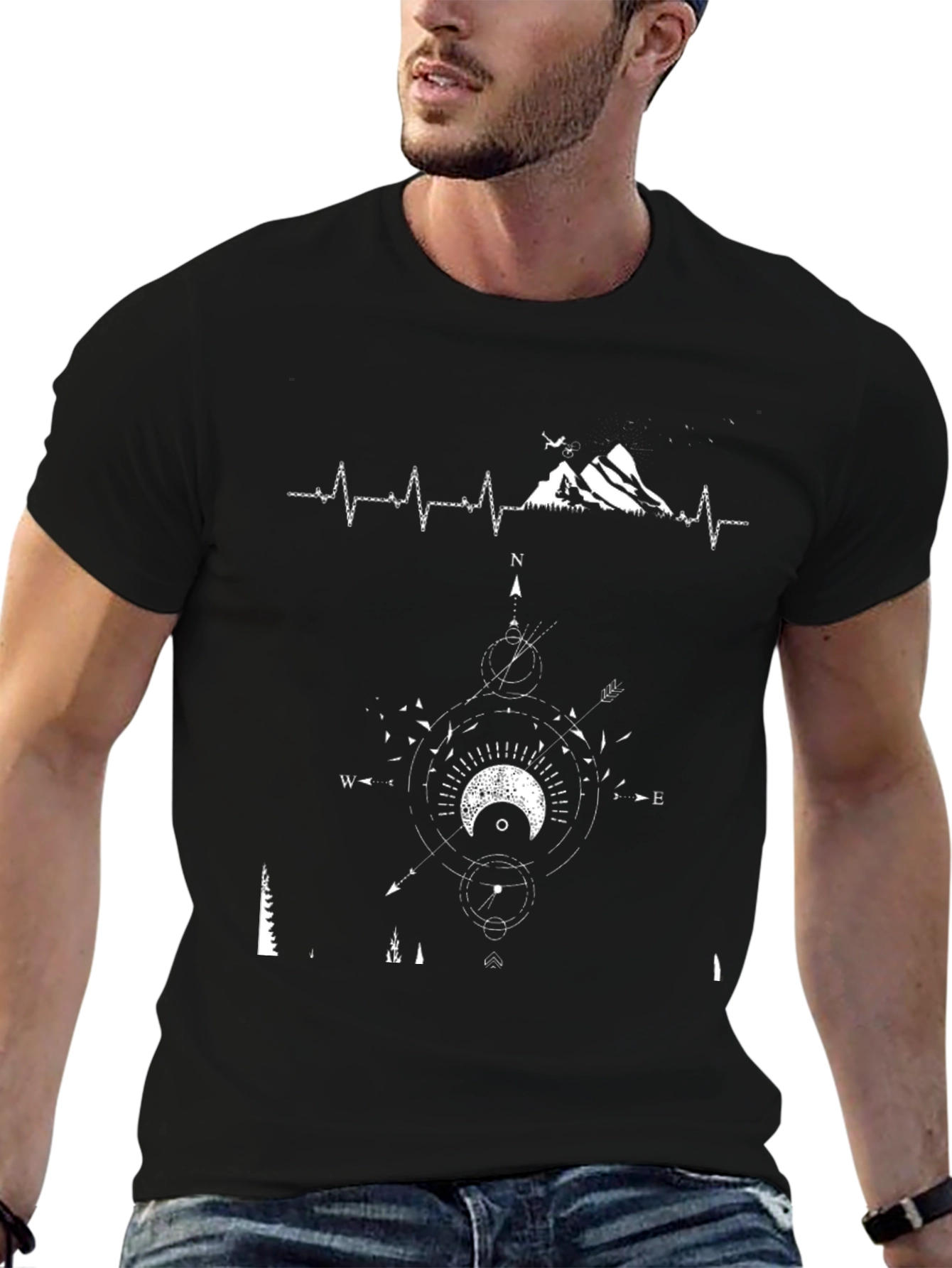 Mountain Heartbeat Compass Graphic Tee - Black