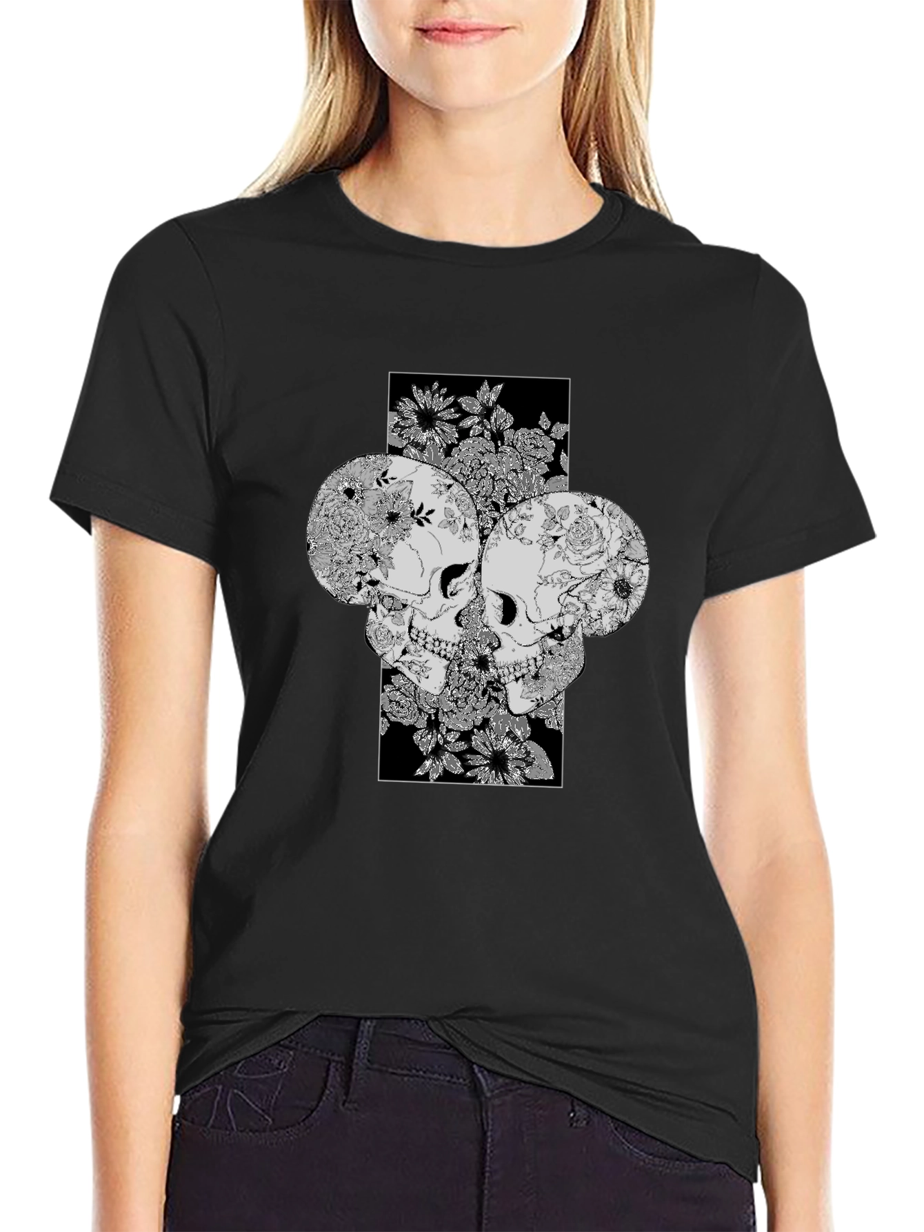 Floral Skull Graphic Print Tee - Unique Design