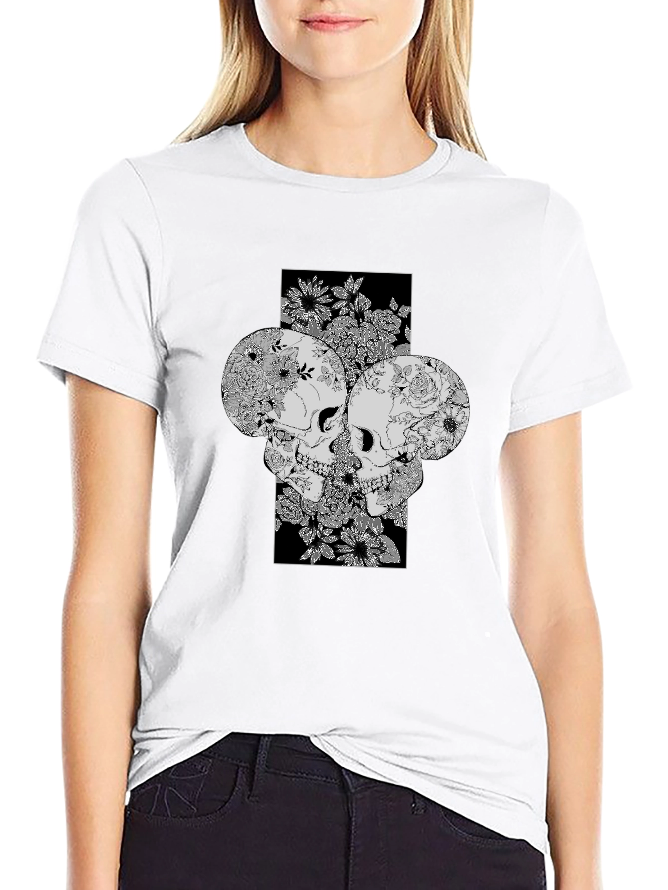 Floral Skull Graphic Print Tee - Unique Design