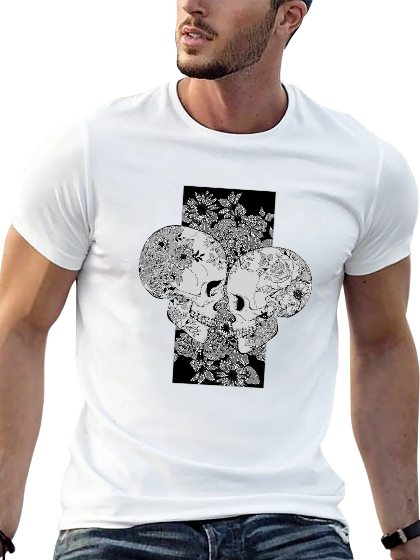 Floral Skull Graphic Print Tee - Unique Design