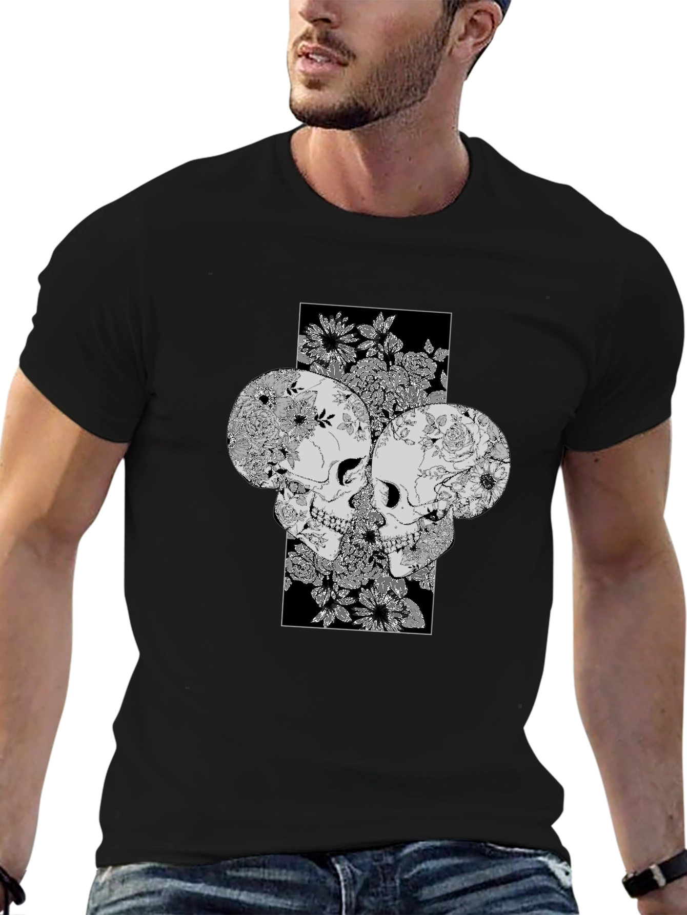Floral Skull Graphic Print Tee - Unique Design