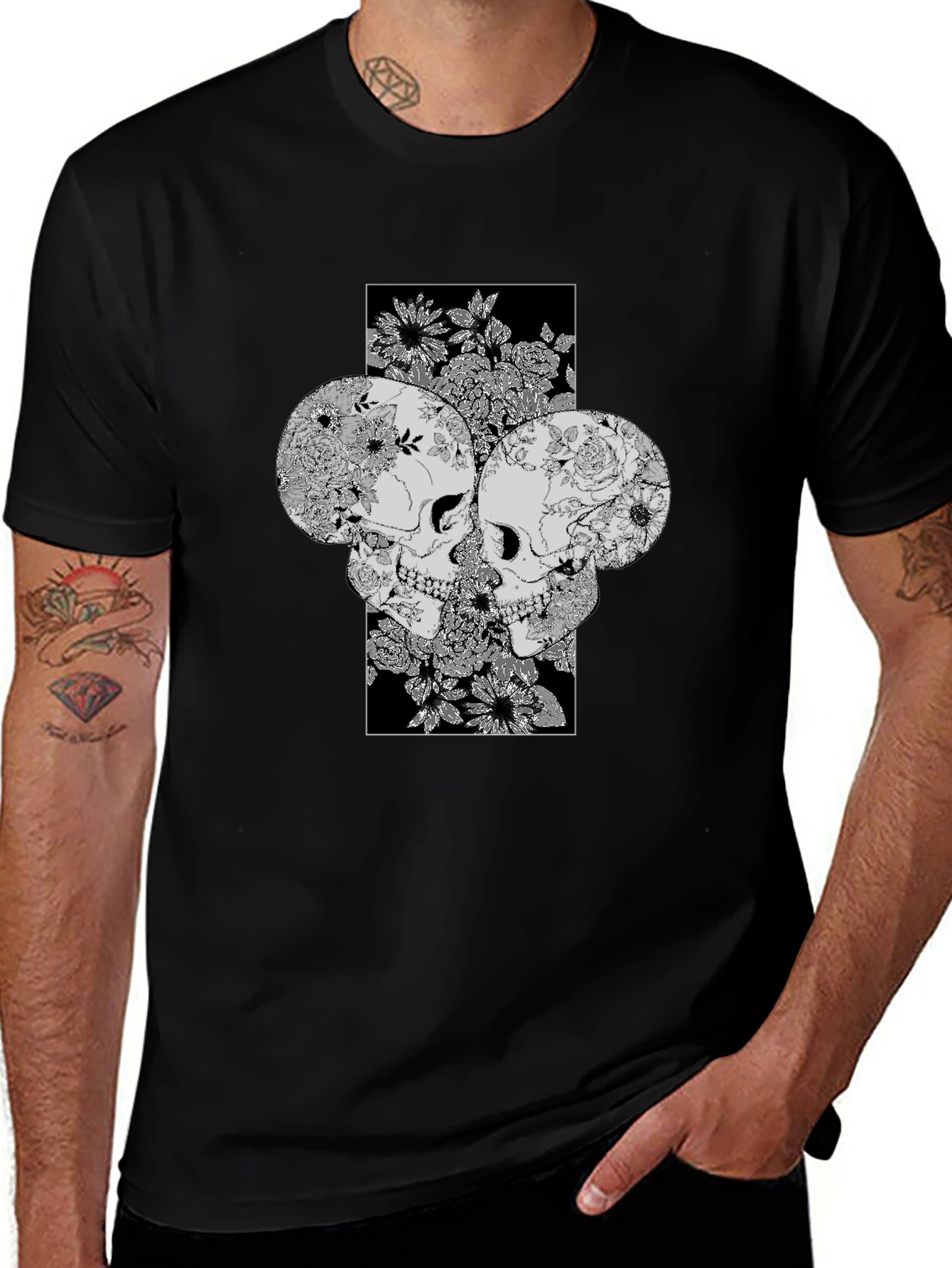 Floral Skull Graphic Print Tee - Unique Design