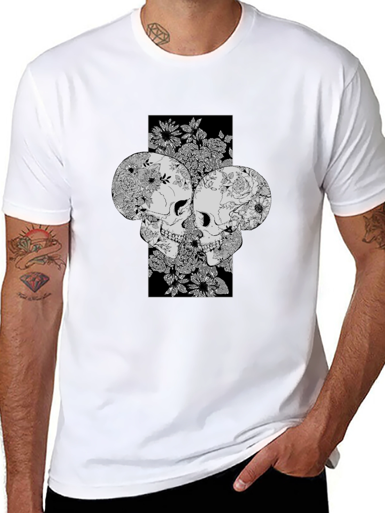 Floral Skull Graphic Print Tee - Unique Design