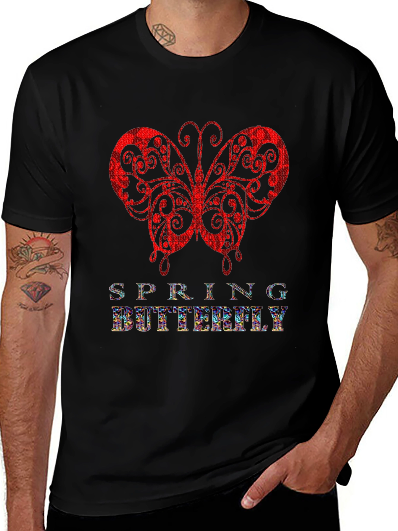 Spring Butterfly Graphic Tee - Stylish Mens Black T-Shirt