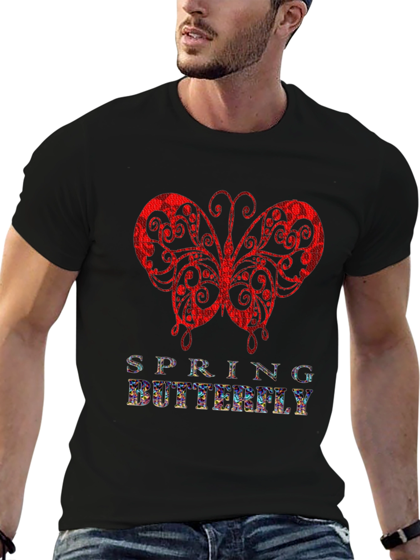 Spring Butterfly Graphic Tee - Stylish Mens Black T-Shirt