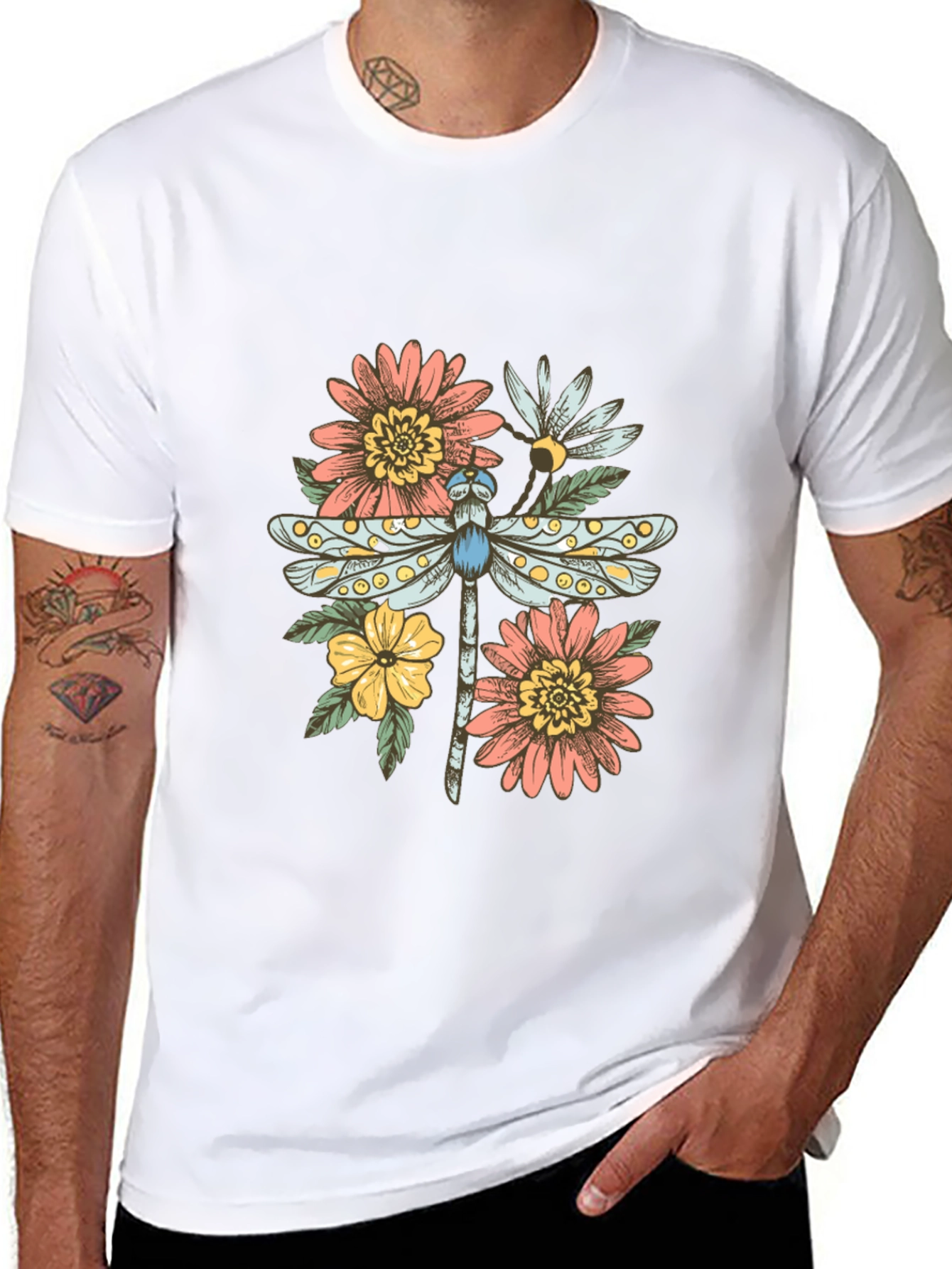 Dragonfly Floral Graphic Tee - Trendy Casual Top