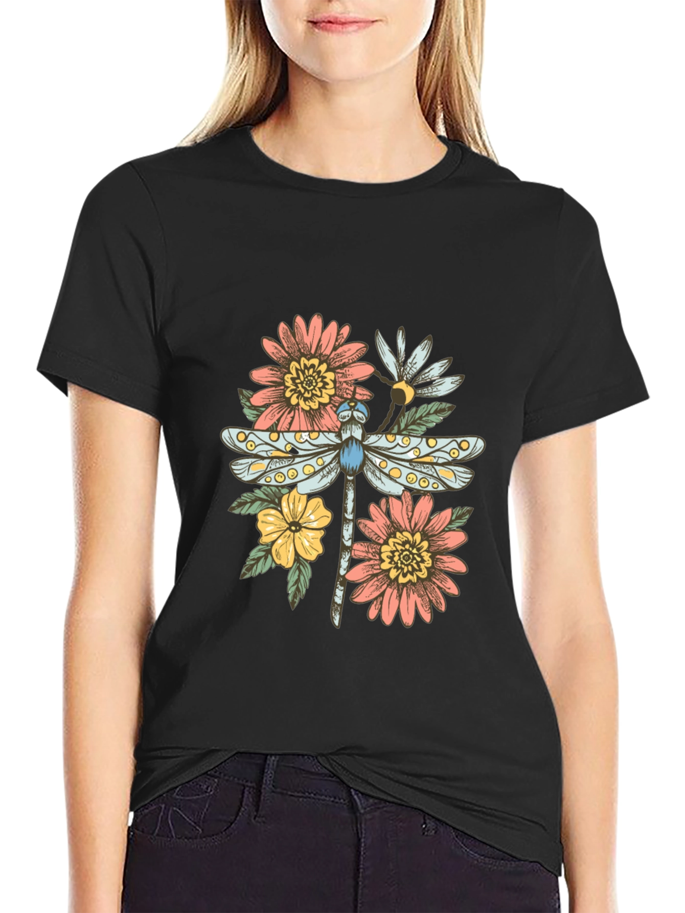 Dragonfly Floral Graphic Tee - Trendy Casual Top