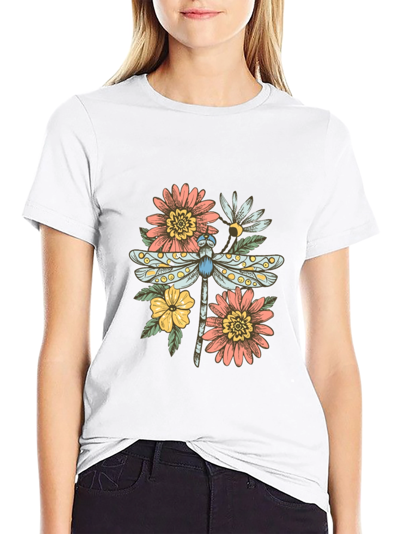 Dragonfly Floral Graphic Tee - Trendy Casual Top